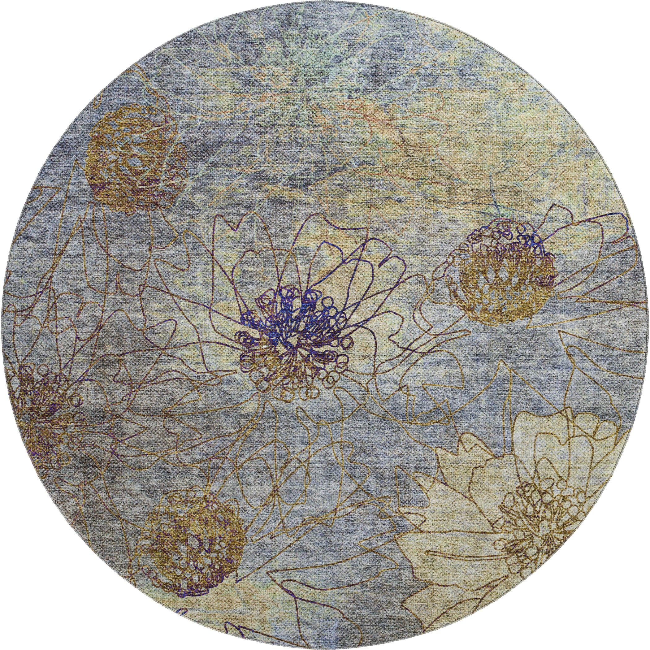 Oaxaca Machine Washable Transitional Denim Blue Rug 8' x 8' #shape_Round