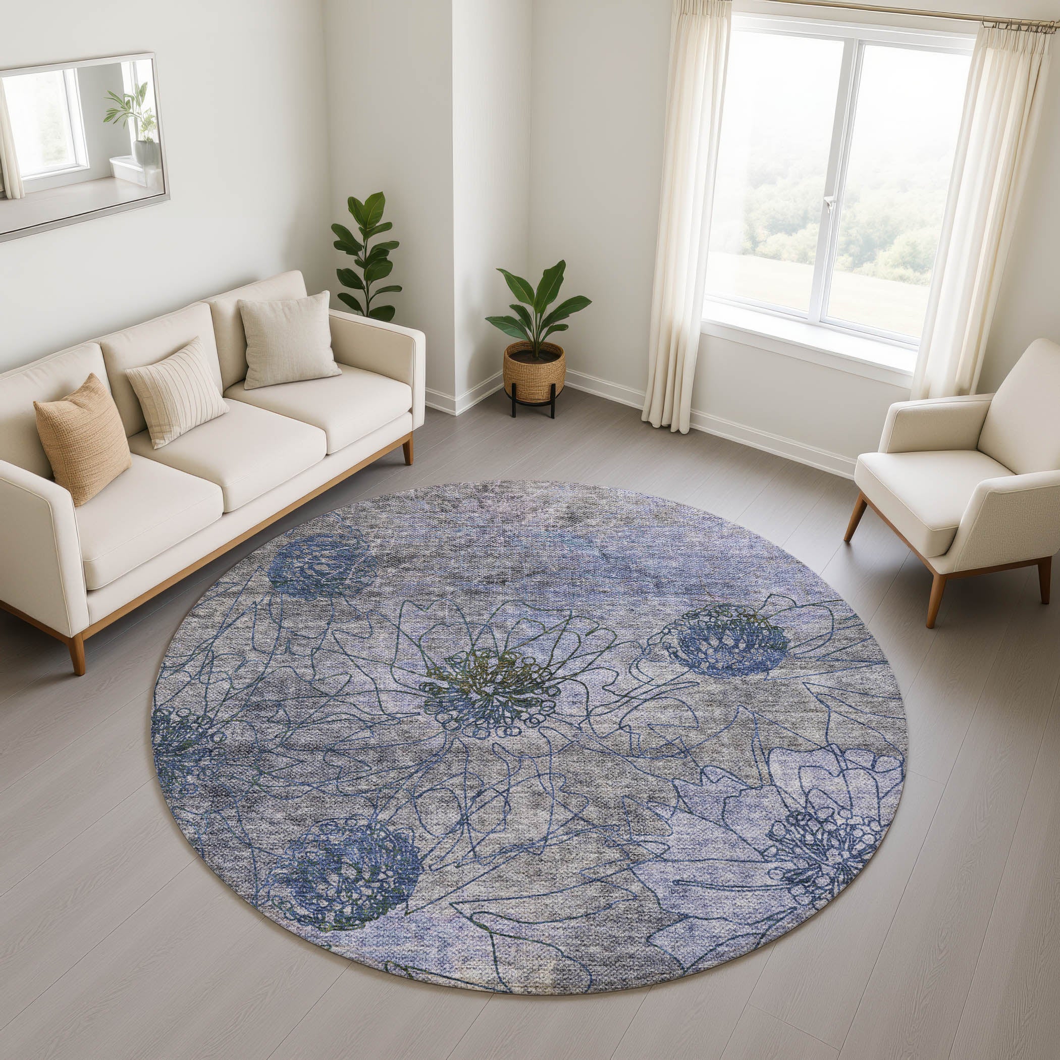 Oaxaca Machine Washable Transitional Gray Rug 8' x 8' #shape_Round