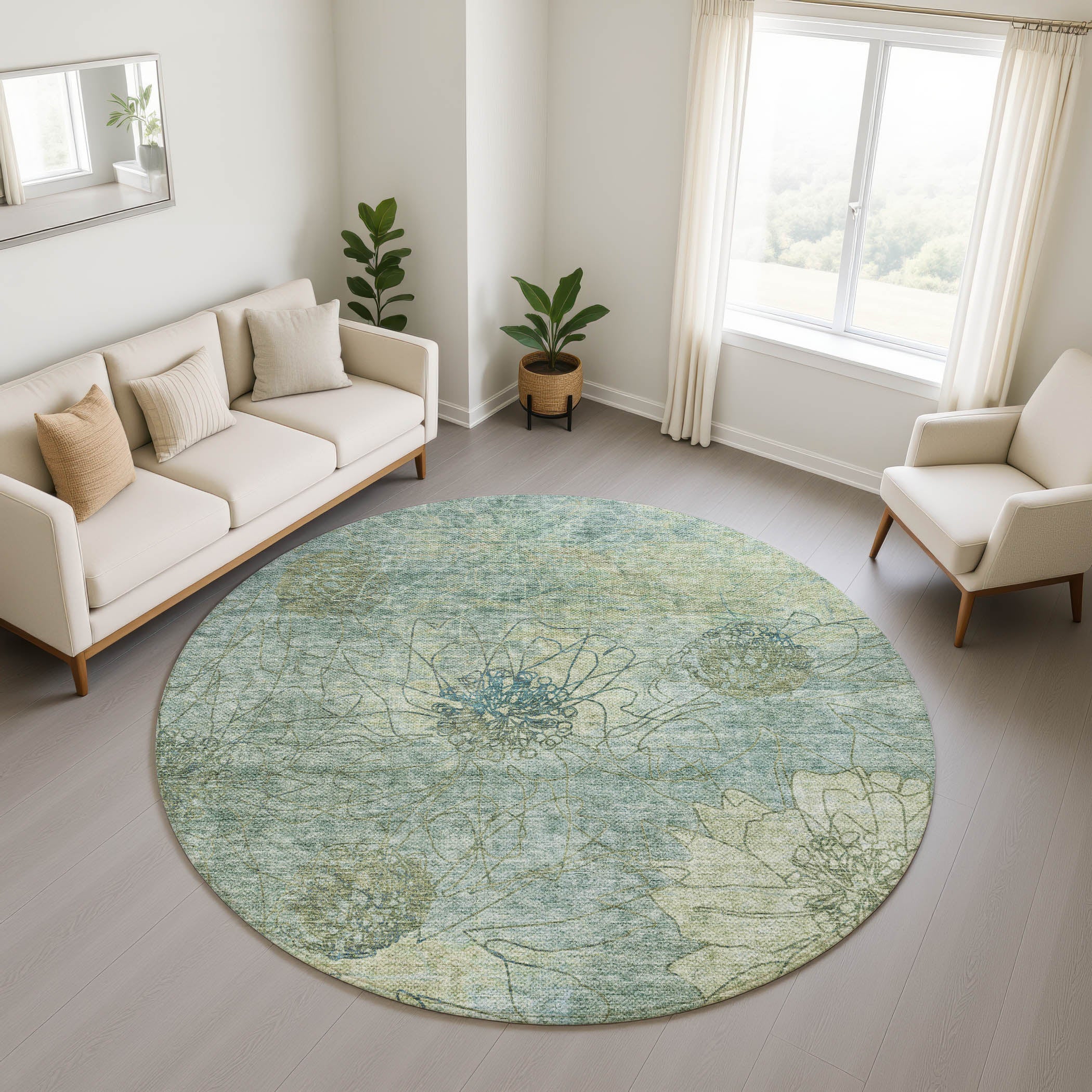 Oaxaca Machine Washable Transitional Seafoam Blue Rug 8' x 8' #shape_Round