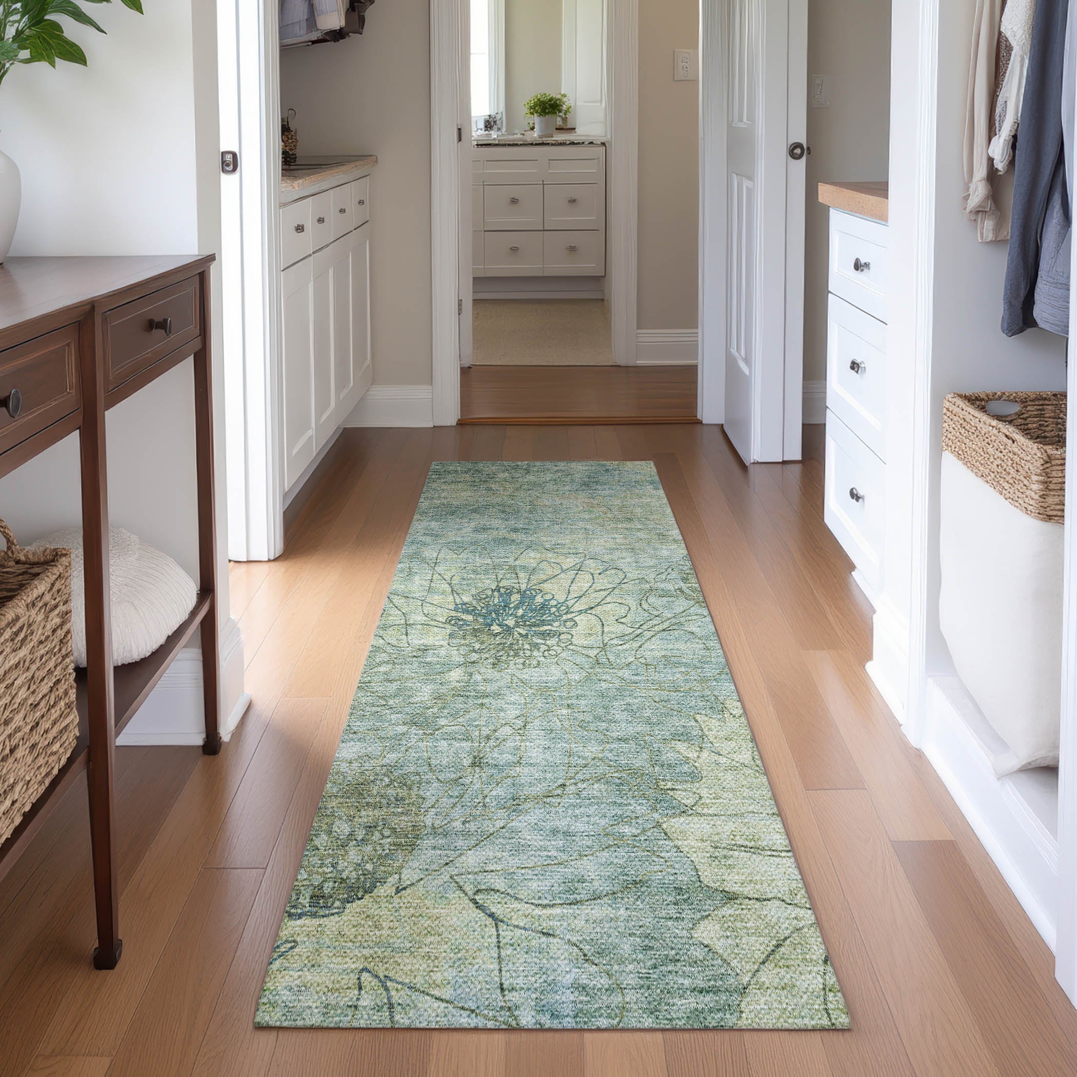 Oaxaca Machine Washable Transitional Seafoam Blue Rug 2'3" x 7'6" #shape_Runner