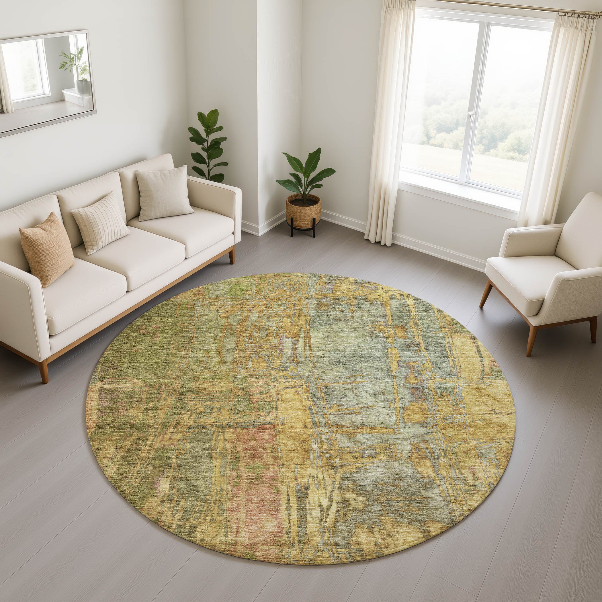Siena Machine Washable Transitional Aloe Green Rug 8' x 8' #shape_Round