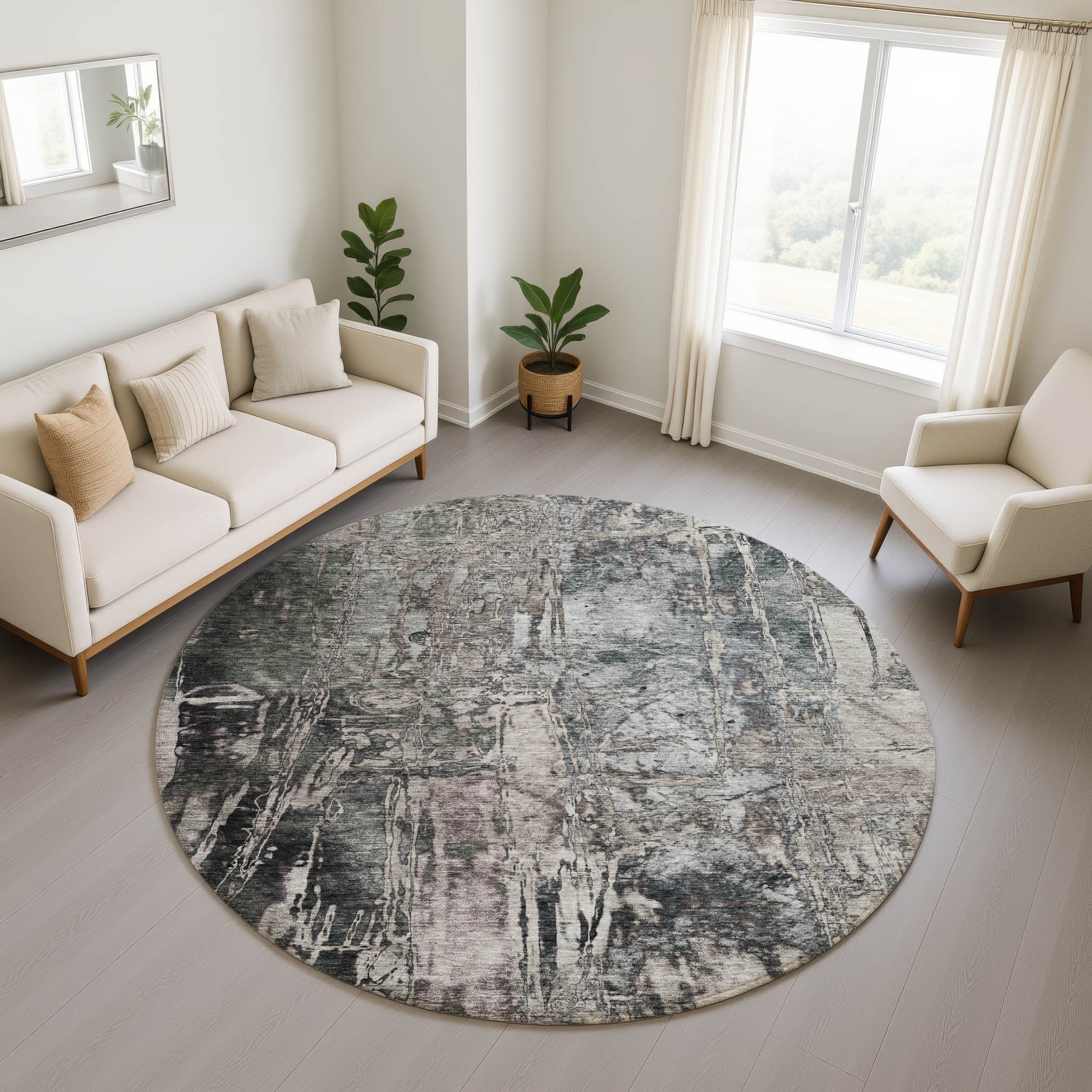Siena Machine Washable Transitional Gray Rug 8' x 8' #shape_Round