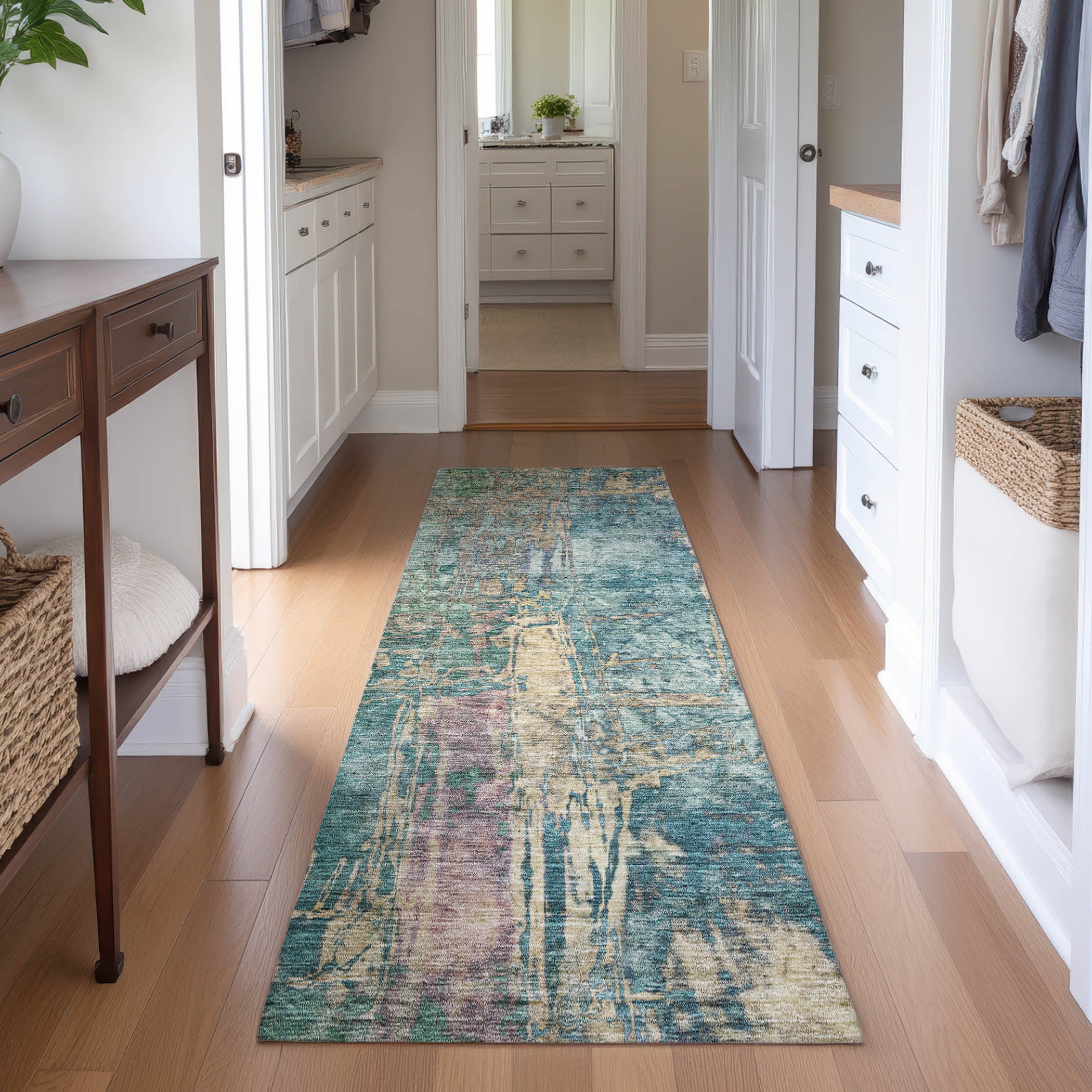 Siena Machine Washable Transitional Teal Rug 2'3" x 7'6" #shape_Runner