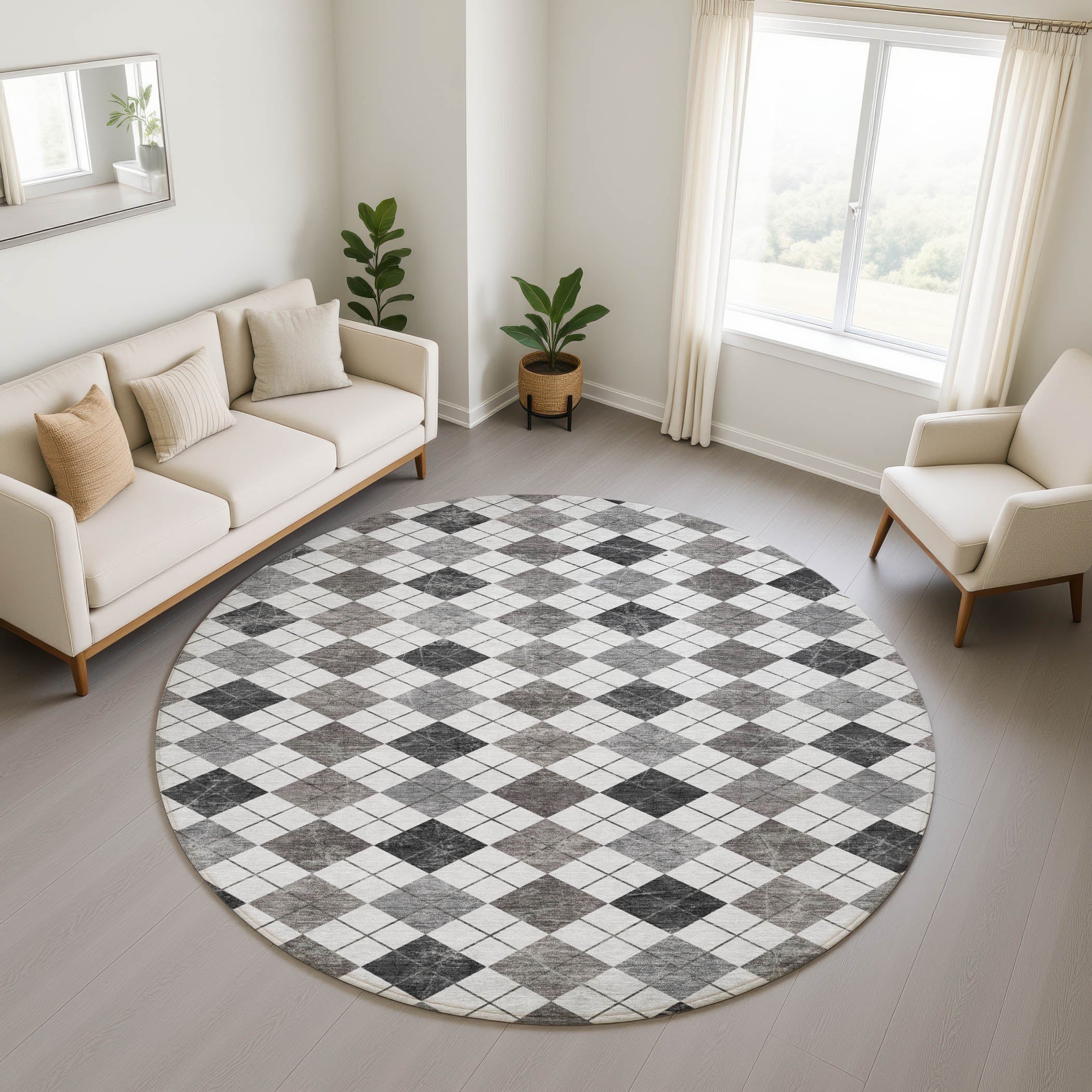 Marrakech Machine Washable Transitional Gray Rug 8' x 8' #shape_Round