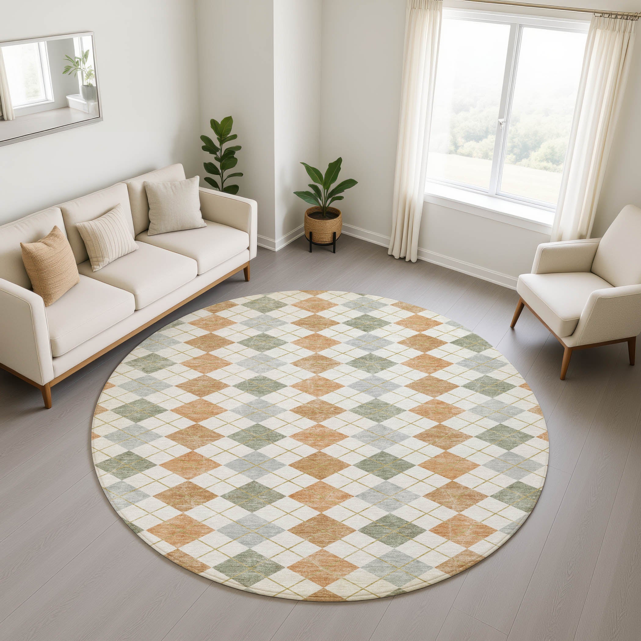 Antigua Machine Washable Transitional Coral Orange Rug 8' x 8' #shape_Round
