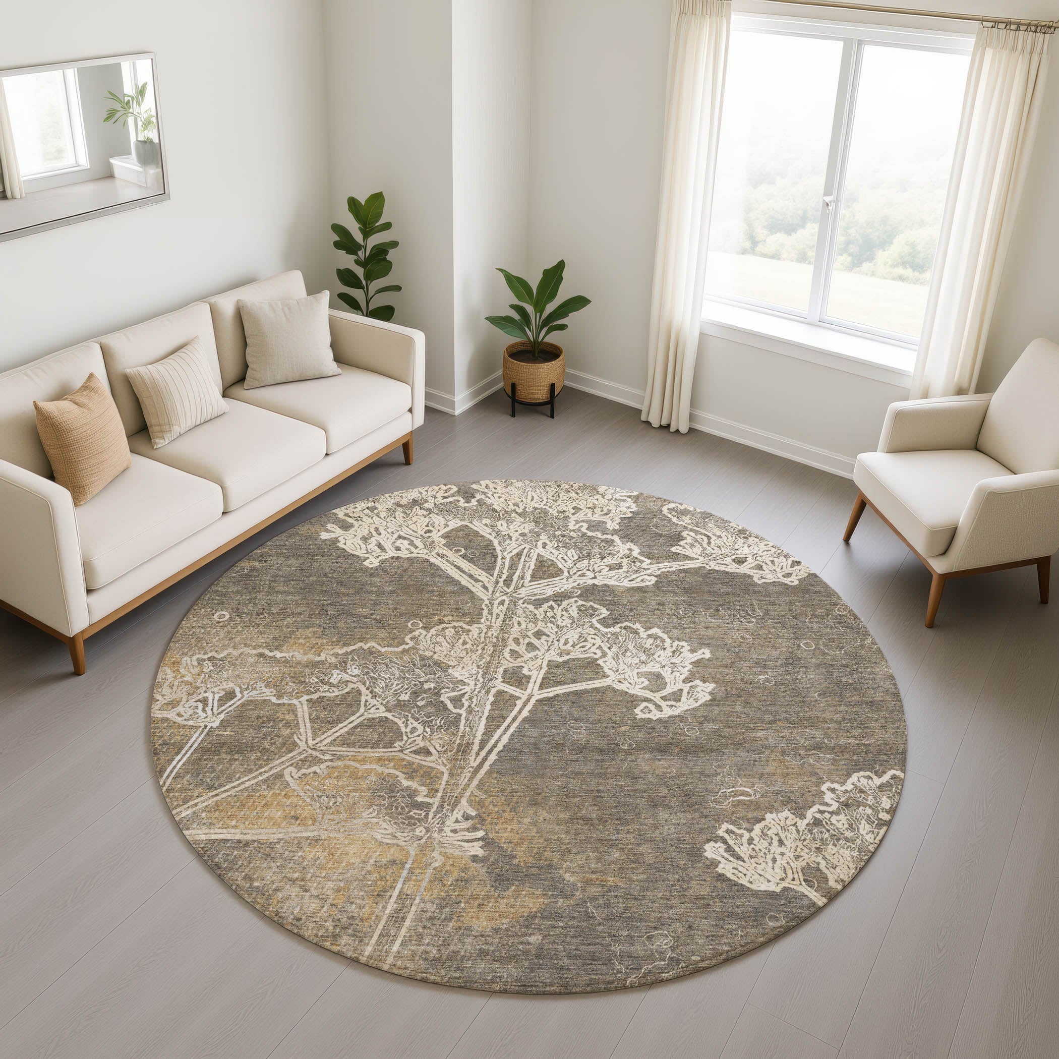 Salzburg Machine Washable Transitional Khaki Brown Rug 8' x 8' #shape_Round