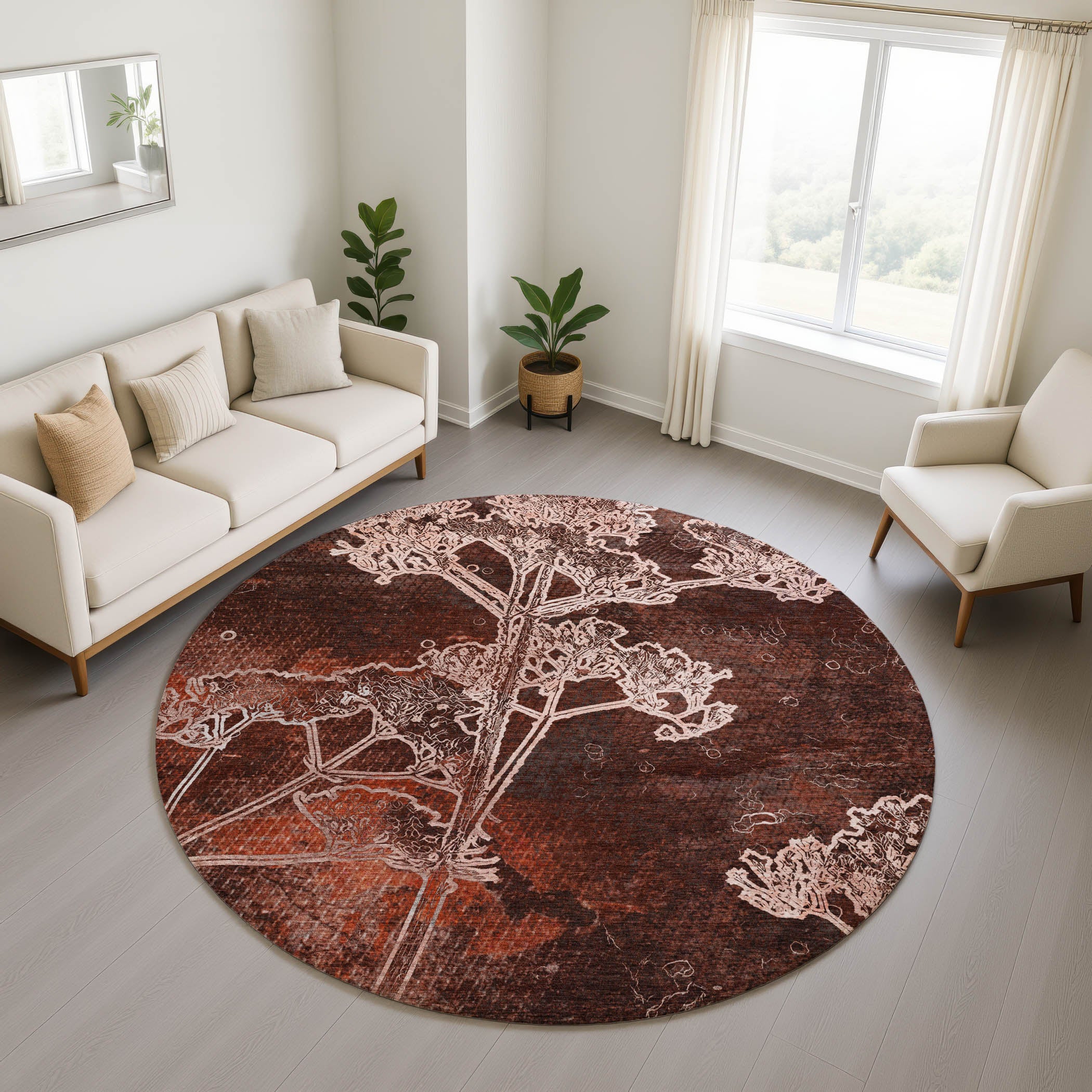 Salzburg Machine Washable Transitional Merlot Red Rug 8' x 8' #shape_Round