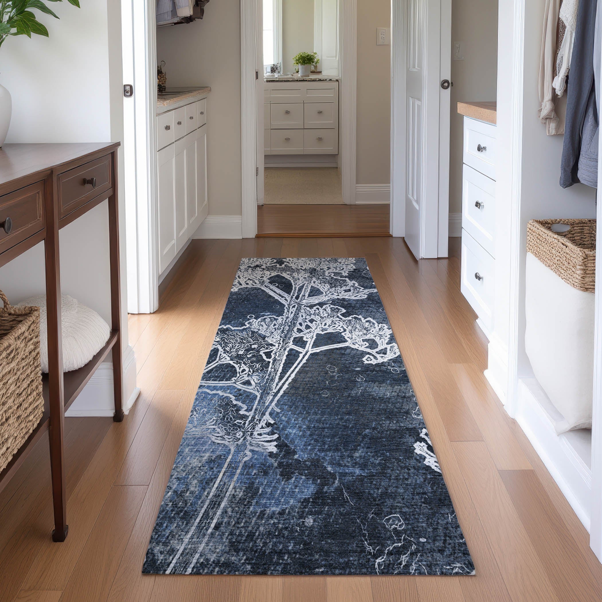 Salzburg Machine Washable Transitional Navy Blue Rug 2'3" x 7'6" #shape_Runner