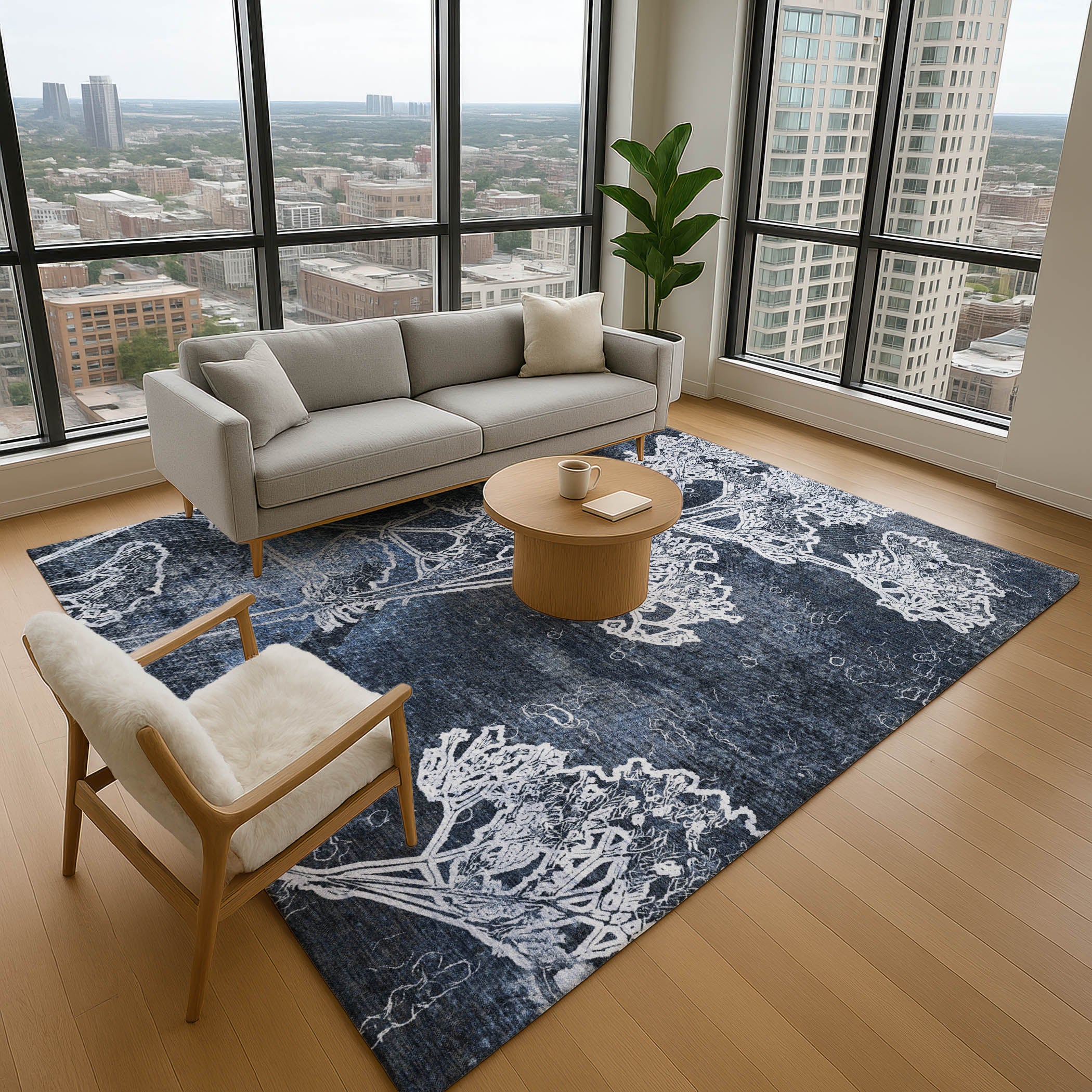 Salzburg Machine Washable Transitional Navy Blue Rug 2'6" x 3'10" #shape_Rectangle