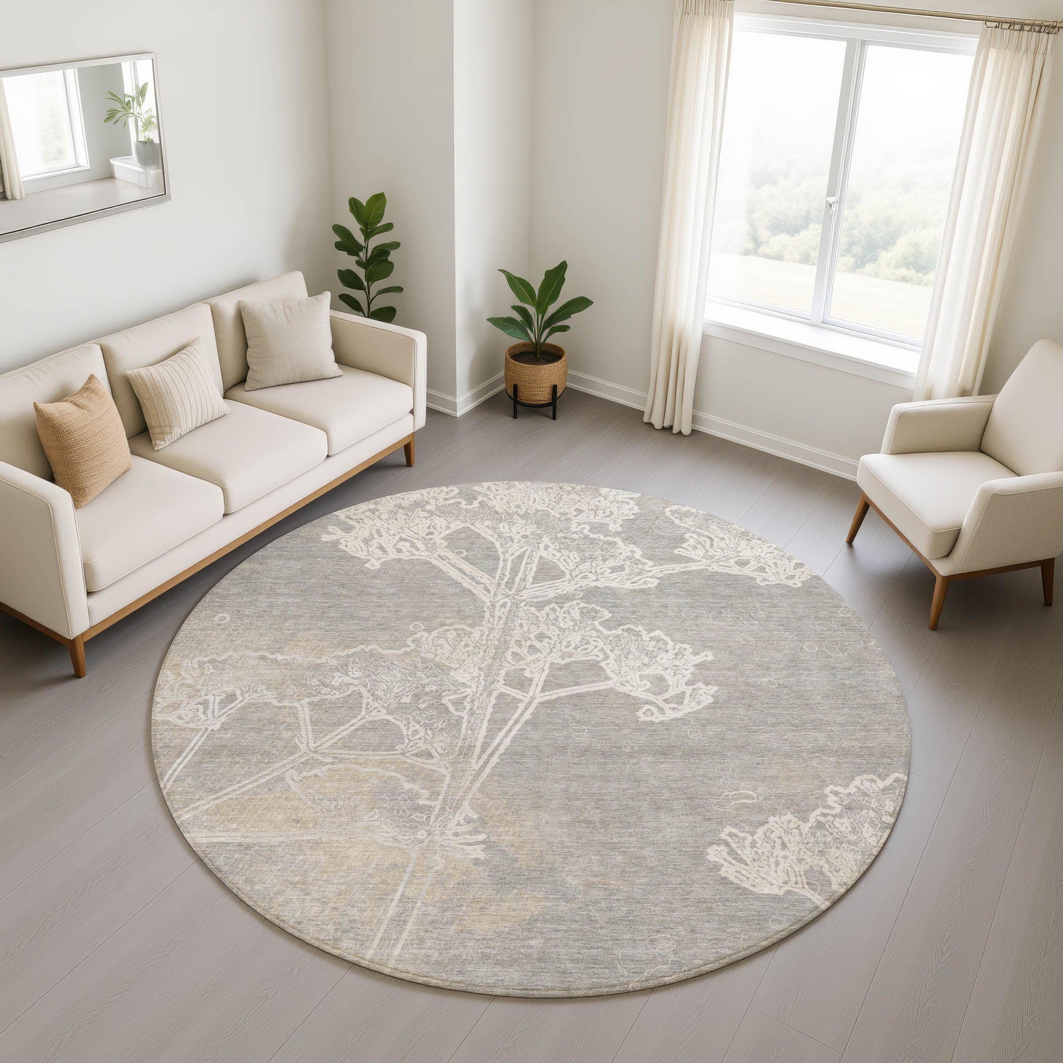 Salzburg Machine Washable Transitional Silver Gray Rug 8' x 8' #shape_Round