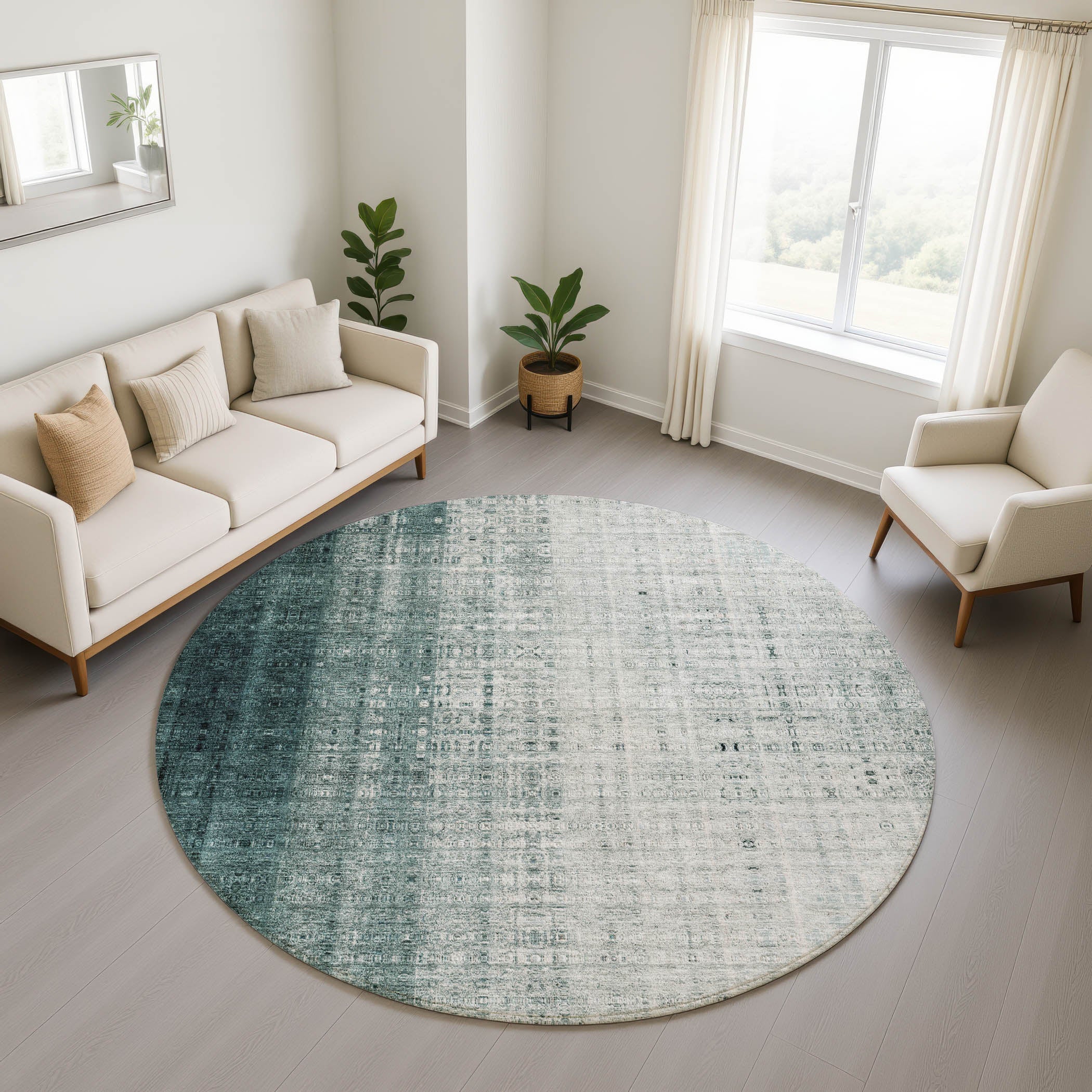 Salzburg Machine Washable Transitional Teal Rug 8' x 8' #shape_Round