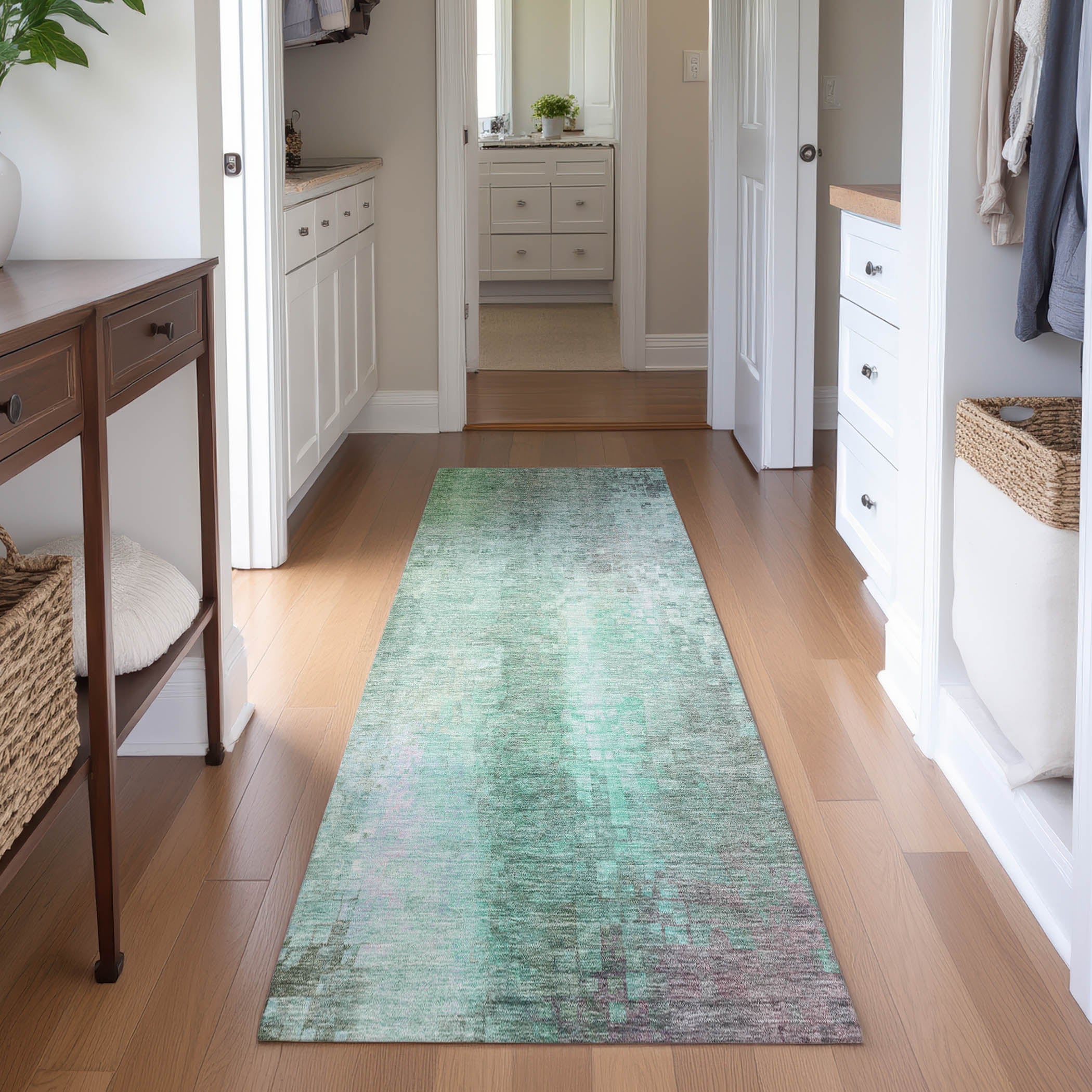 Seoul Machine Washable Transitional Aqua Teal Rug 2'3" x 7'6" #shape_Runner