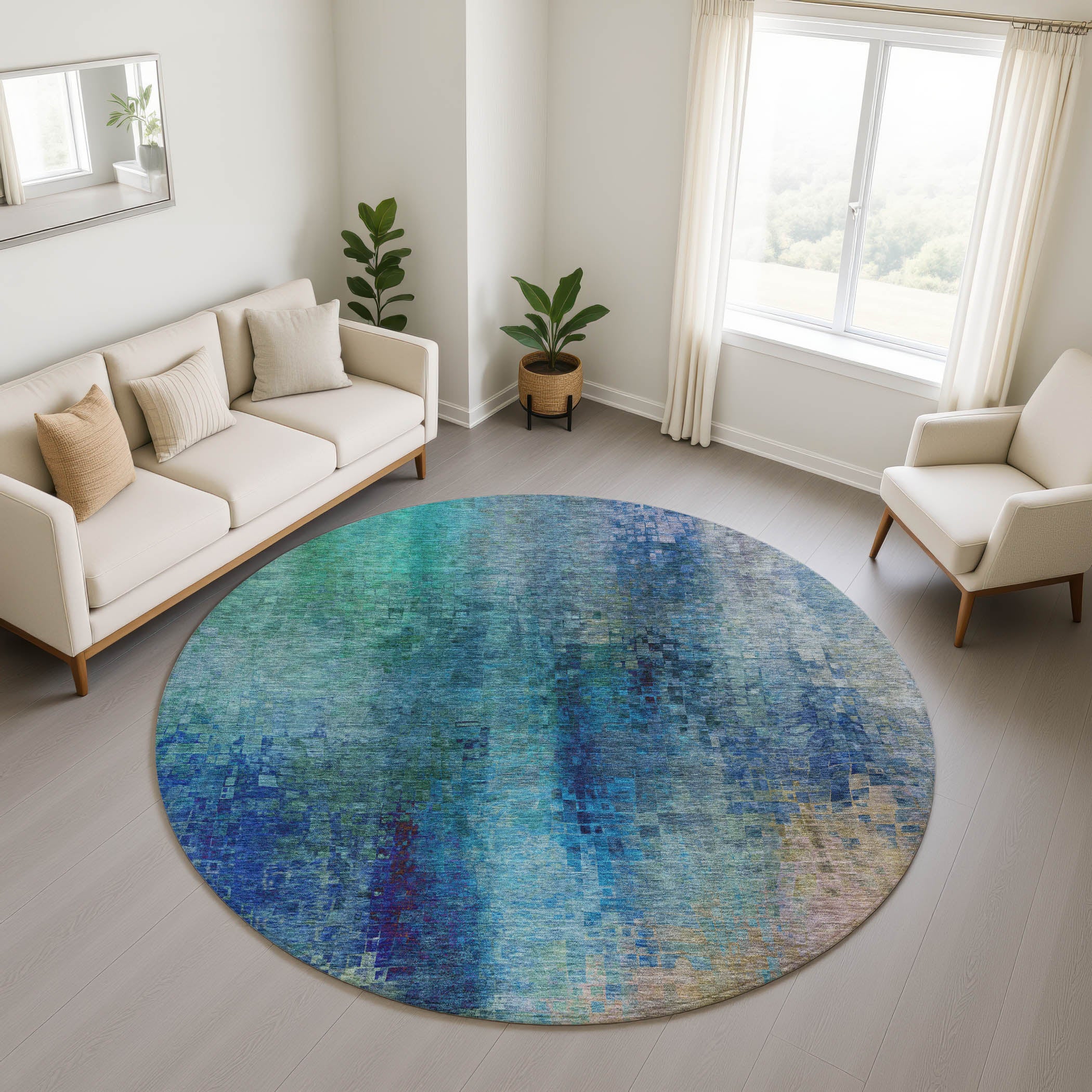 Seoul Machine Washable Transitional Blue Rug 8' x 8' #shape_Round
