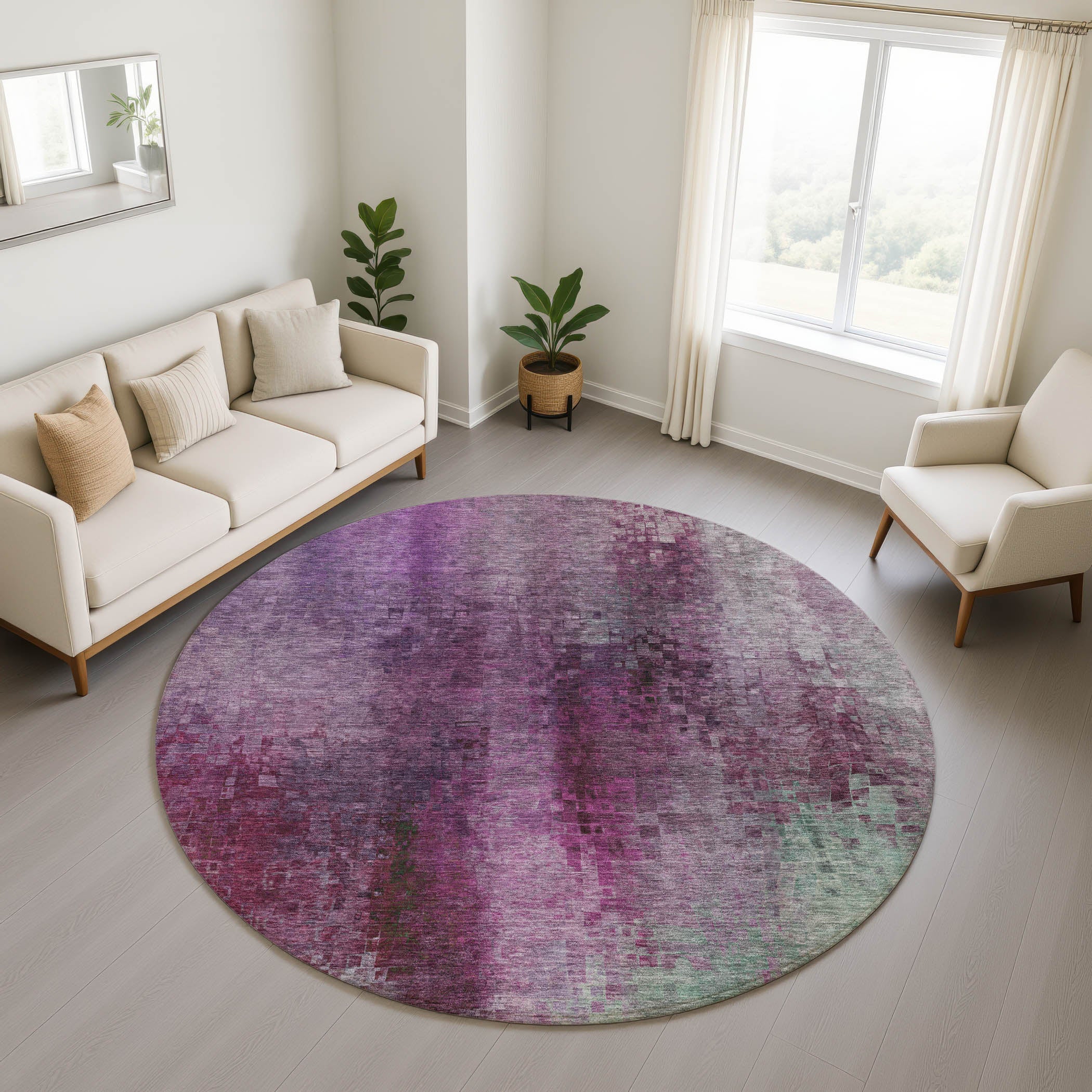 Seoul Machine Washable Transitional Purple Rug 8' x 8' #shape_Round