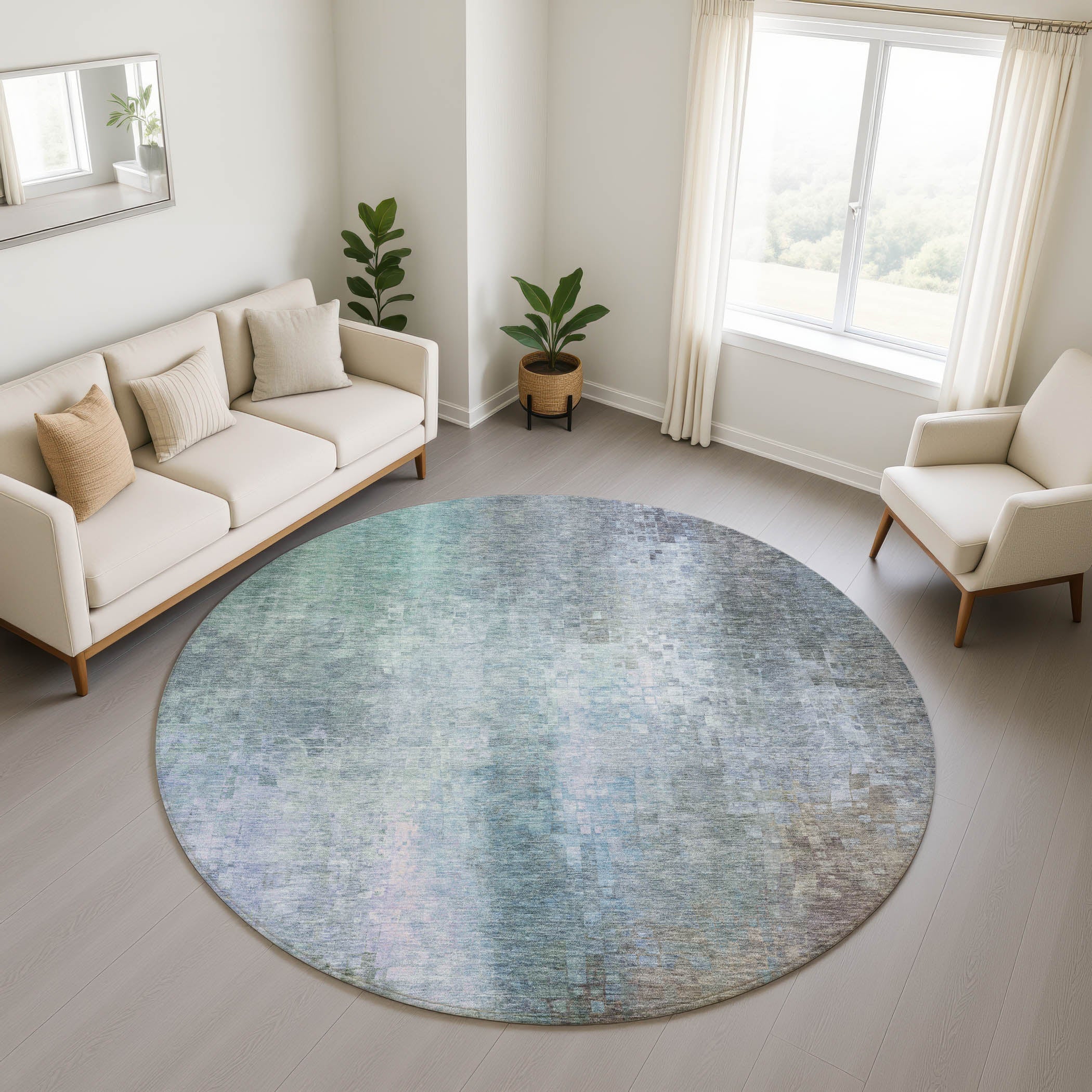 Seoul Machine Washable Transitional Seafoam Blue Rug 8' x 8' #shape_Round