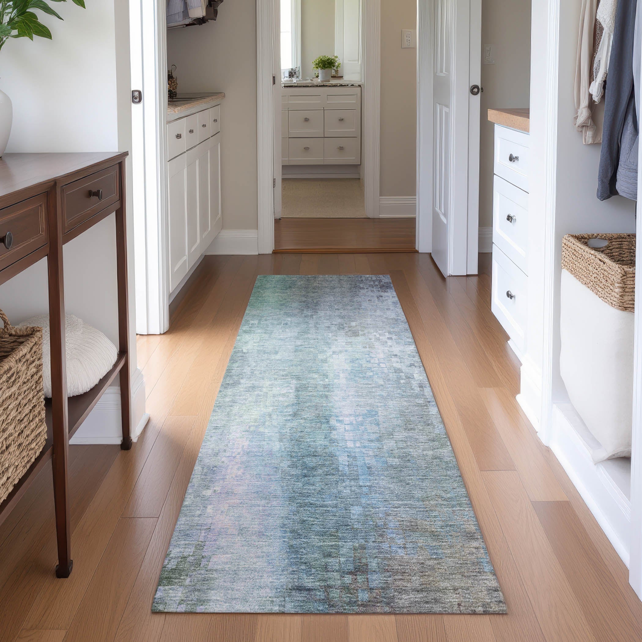 Seoul Machine Washable Transitional Seafoam Blue Rug 2'3" x 7'6" #shape_Runner
