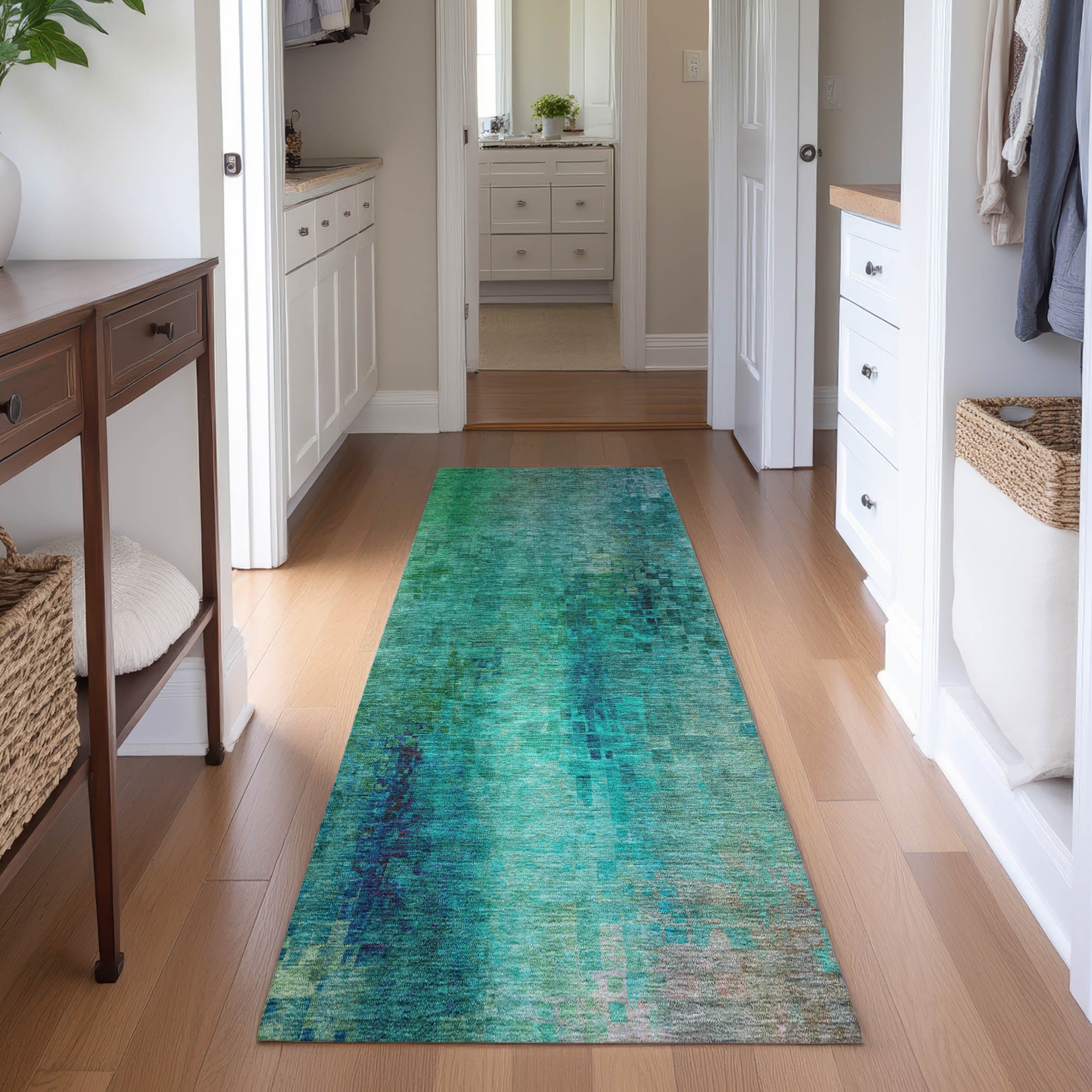 Seoul Machine Washable Transitional Teal Rug 2'3" x 7'6" #shape_Runner