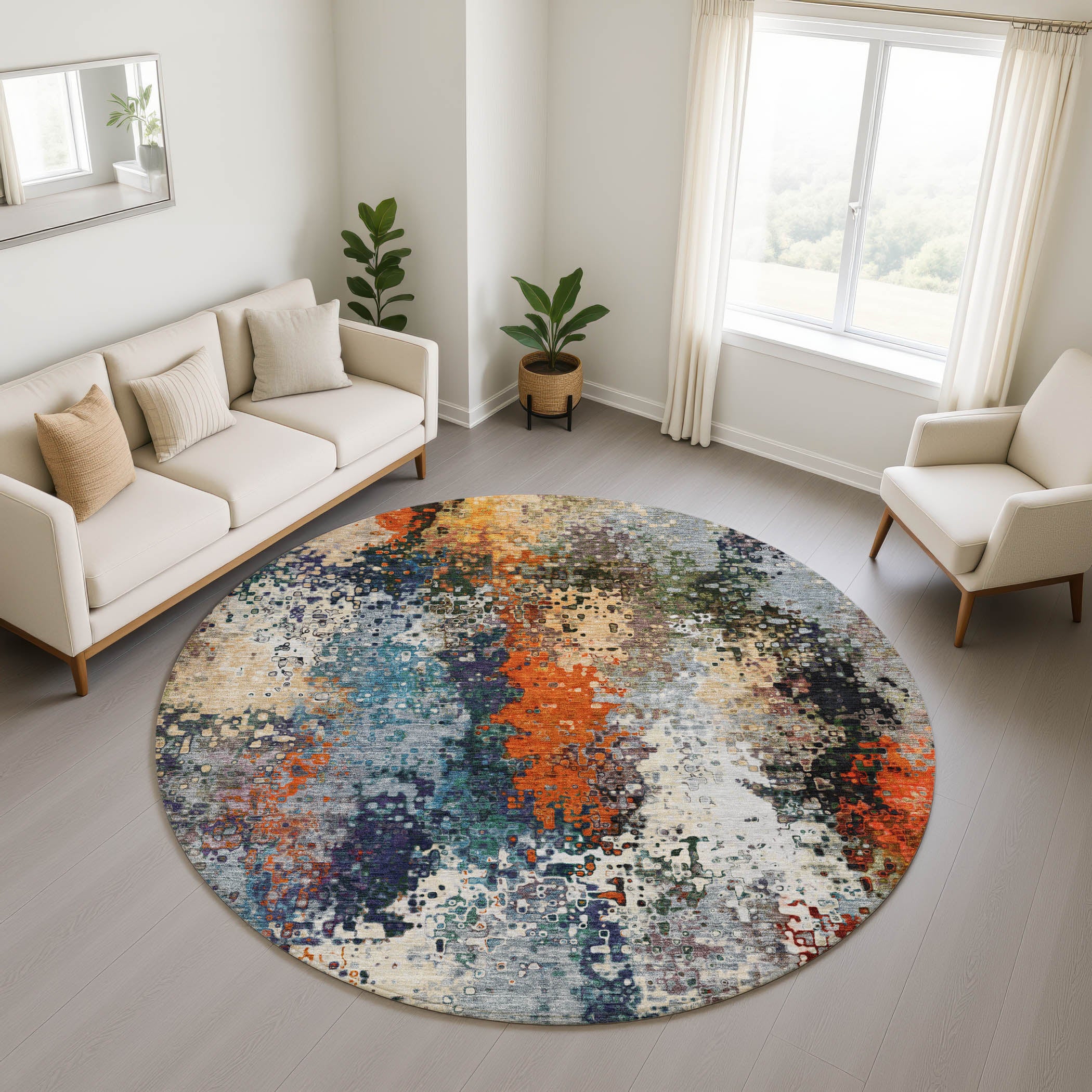 Budapest Machine Washable Transitional Blue Rug 8' x 8' #shape_Round