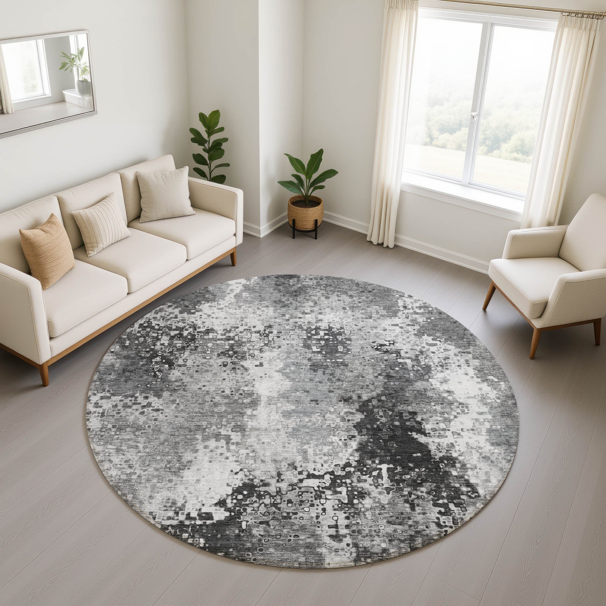 Budapest Machine Washable Transitional Gray Rug 8' x 8' #shape_Round