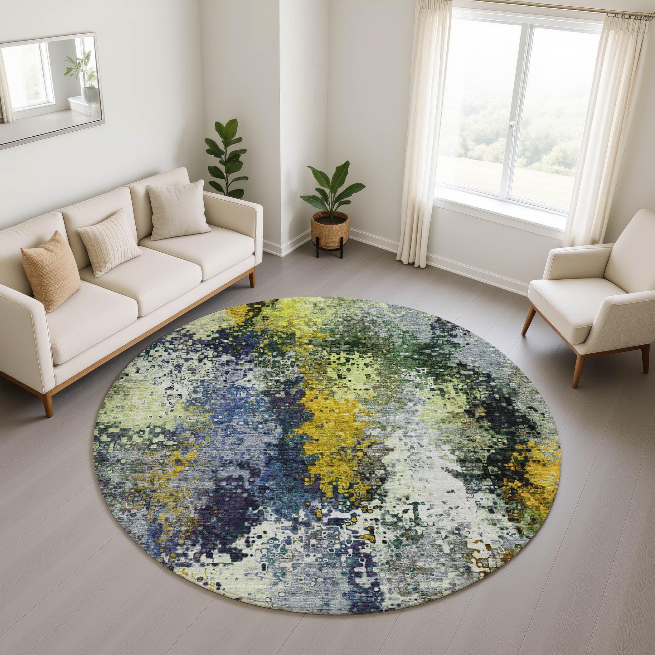 Budapest Machine Washable Transitional Green Rug 8' x 8' #shape_Round