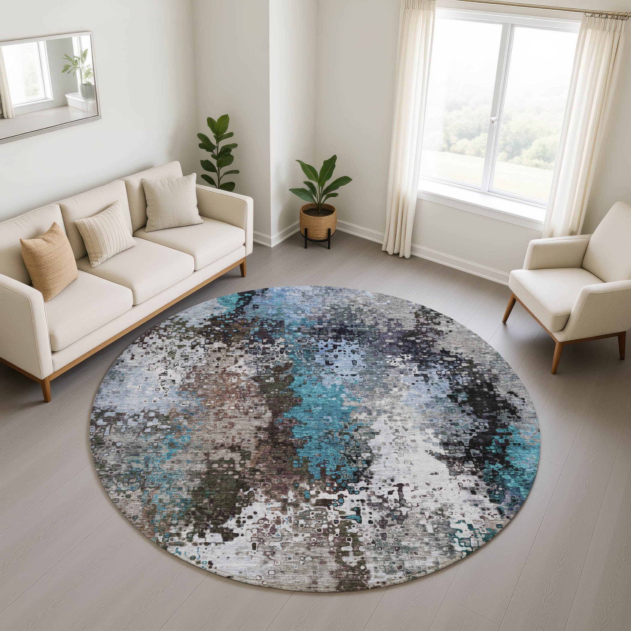 Budapest Machine Washable Transitional Khaki Brown Rug 8' x 8' #shape_Round