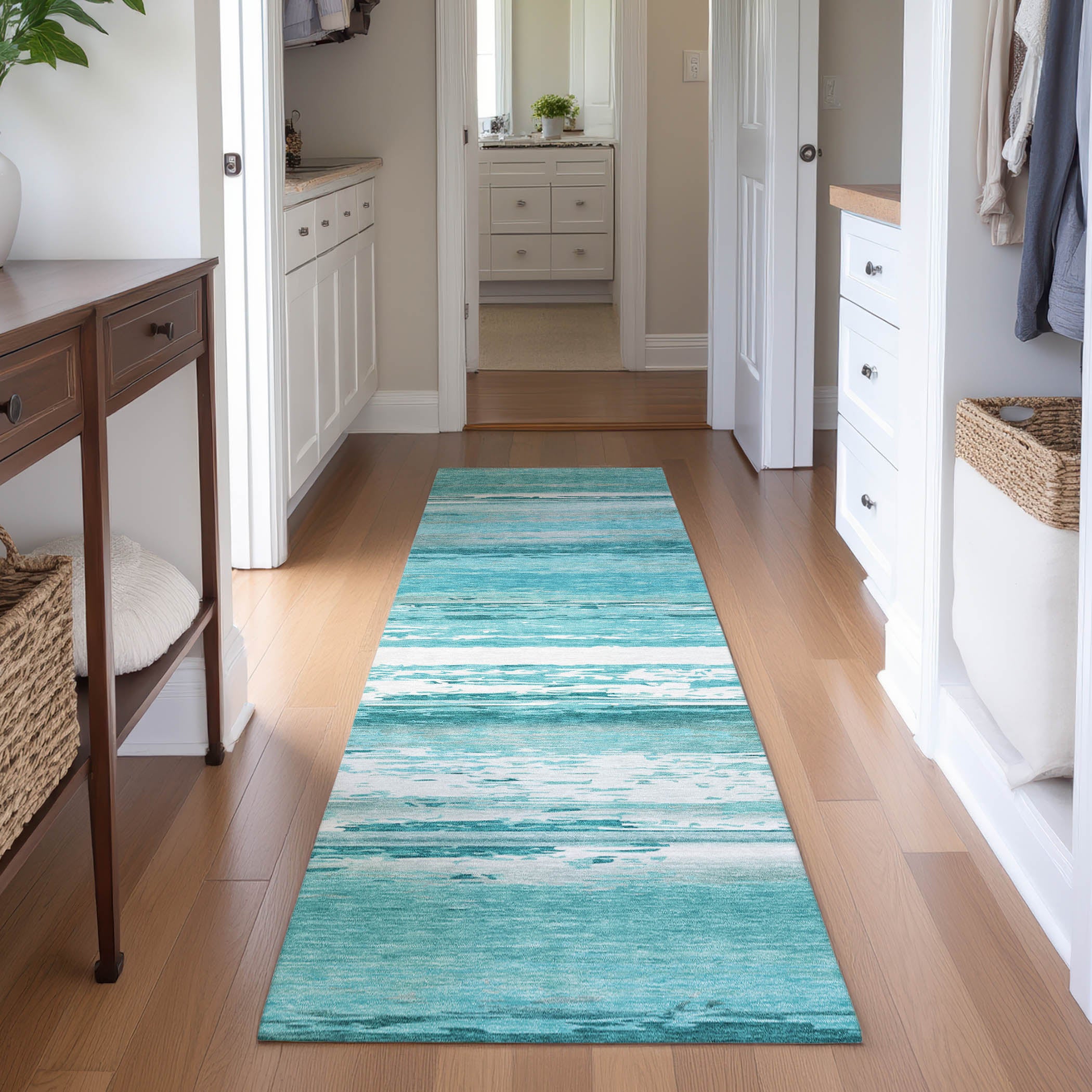 Santorini Machine Washable Transitional Aqua Teal Rug 2'3" x 7'6" #shape_Runner