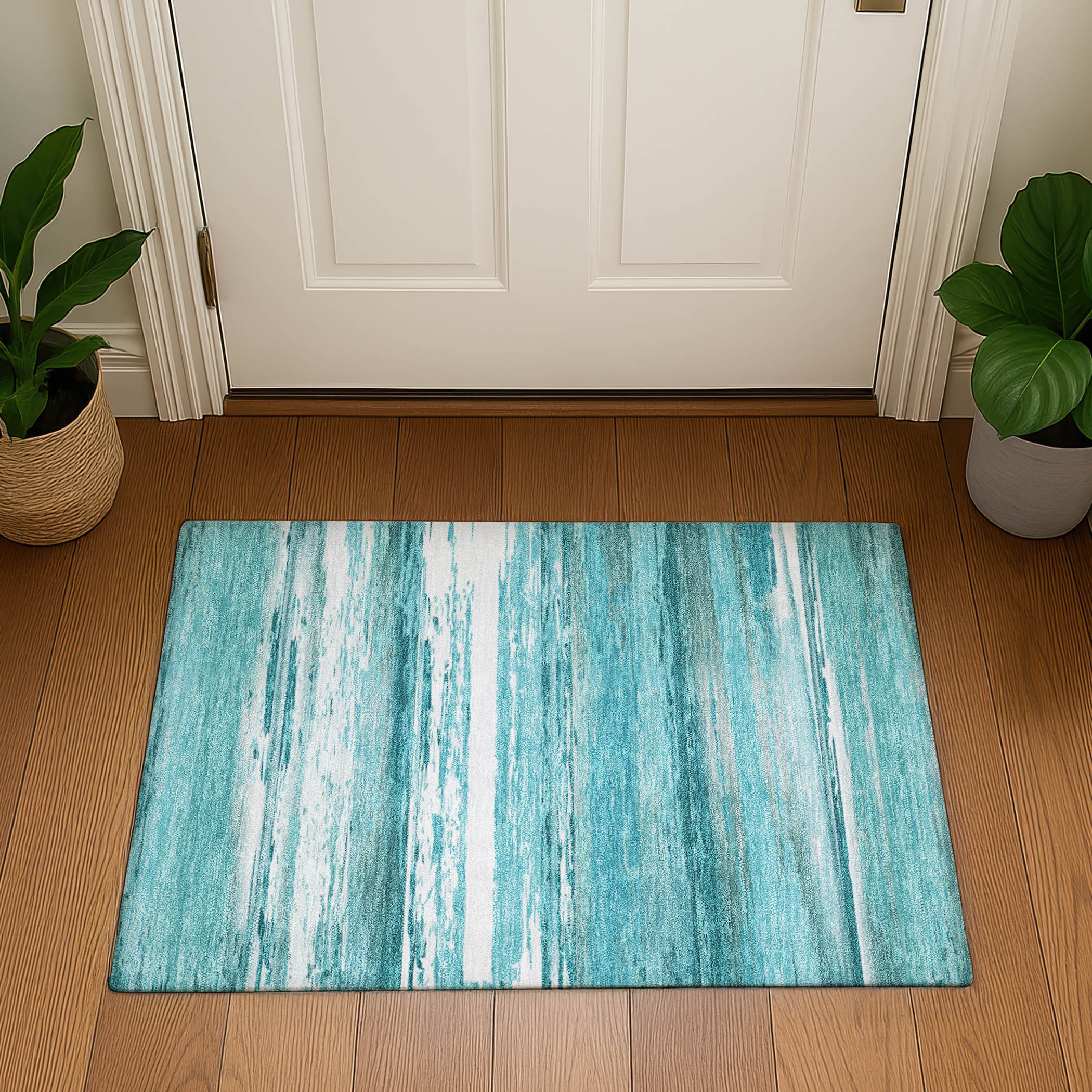 Santorini Machine Washable Transitional Aqua Teal Rug 1'8" x 2'6" #shape_Rectangle