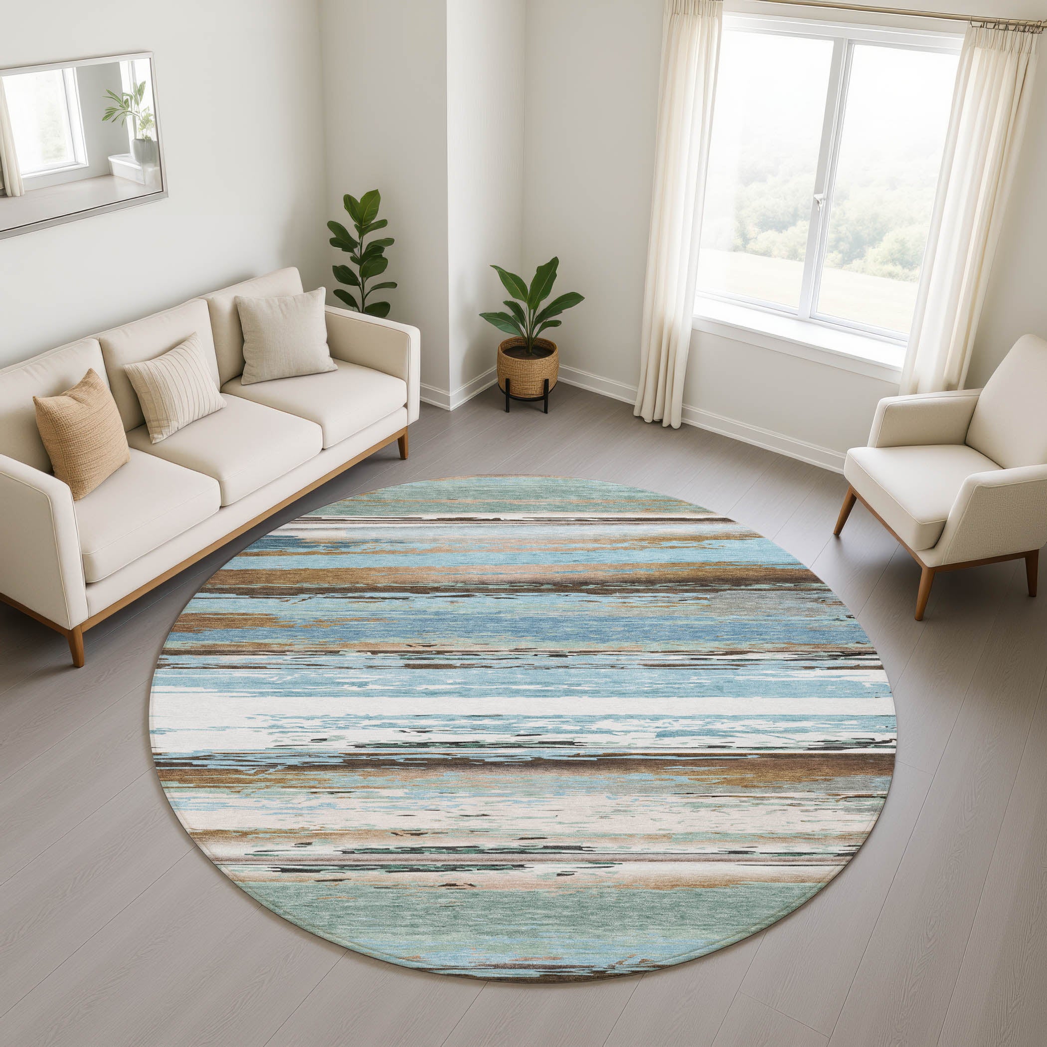 Santorini Machine Washable Transitional Blue Rug 8' x 8' #shape_Round