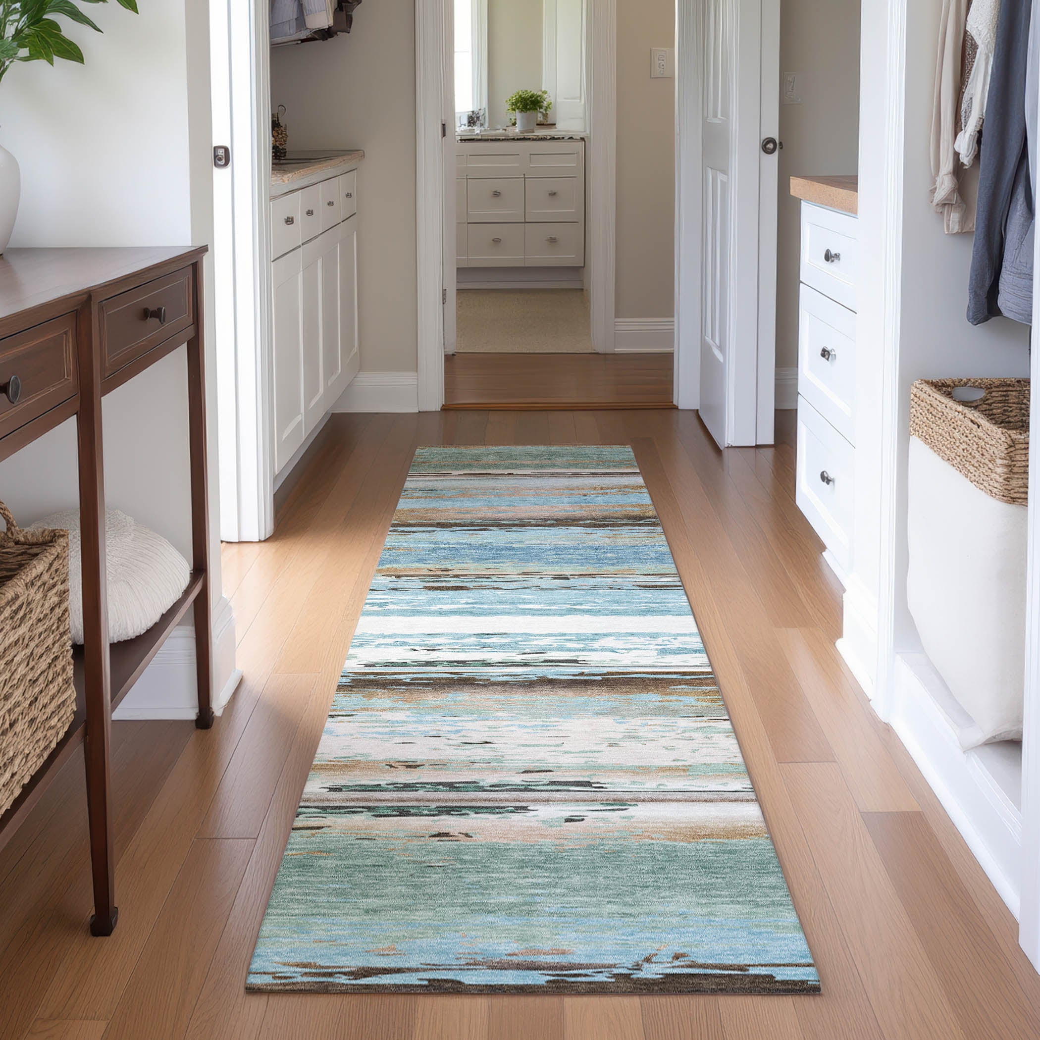 Santorini Machine Washable Transitional Blue Rug 2'3" x 7'6" #shape_Runner