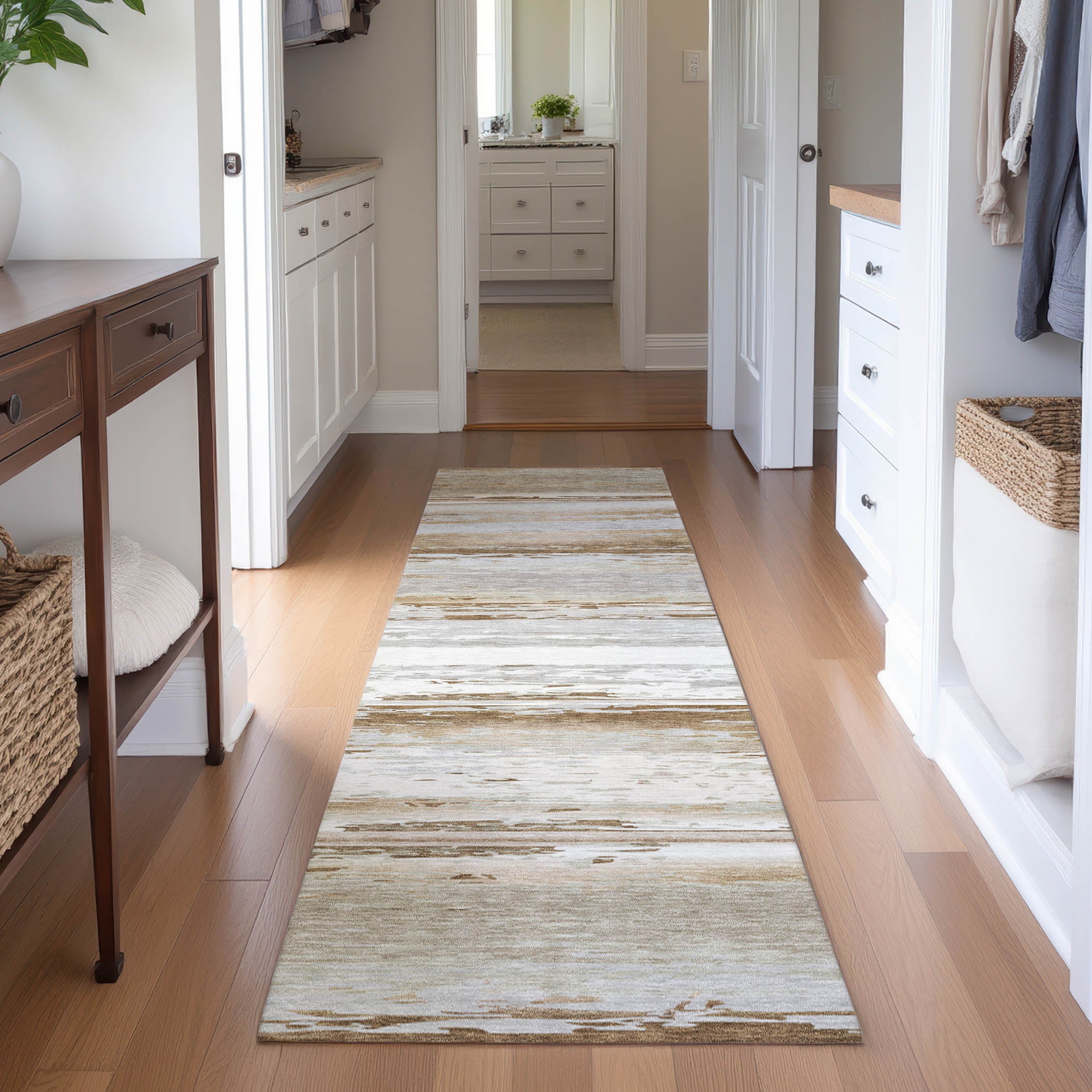 Santorini Machine Washable Transitional Brown Rug 2'3" x 7'6" #shape_Runner