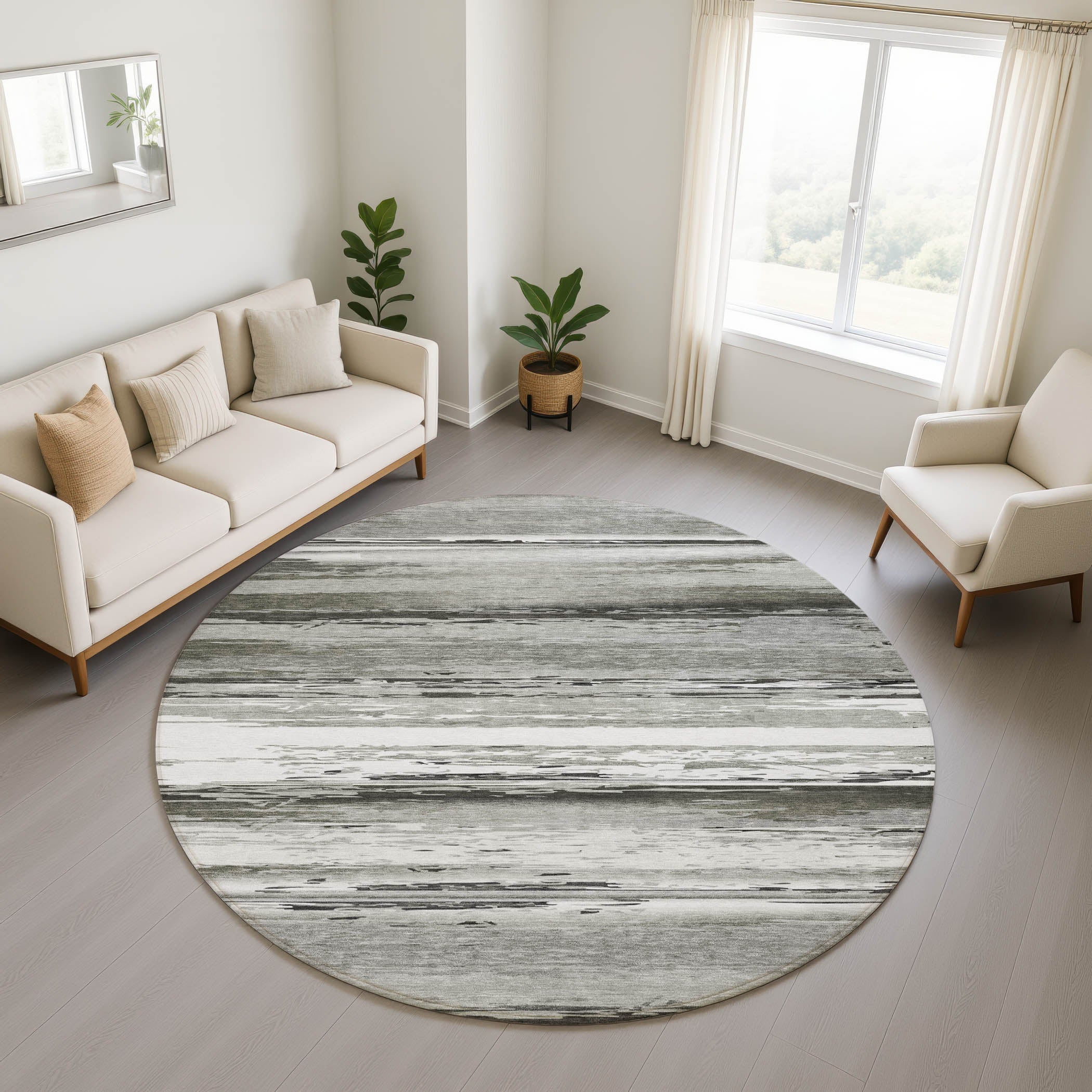 Santorini Machine Washable Transitional Gray Rug 8' x 8' #shape_Round