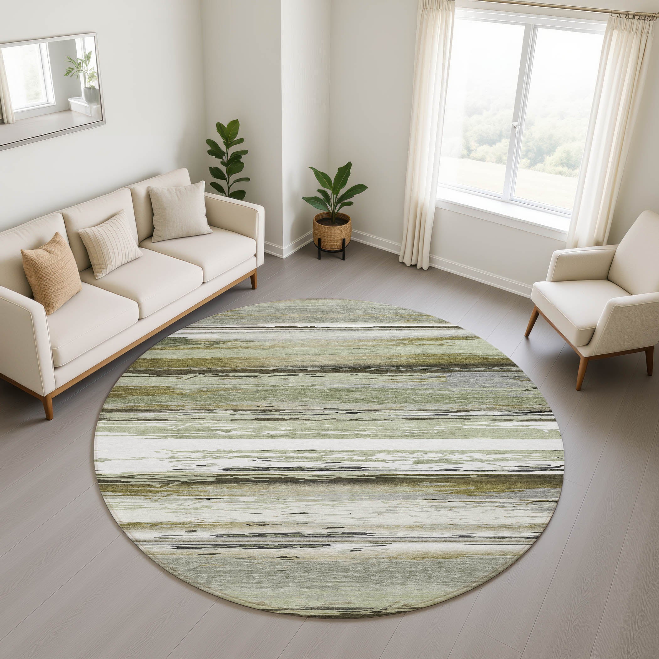 Santorini Machine Washable Transitional Taupe Brown Rug 8' x 8' #shape_Round
