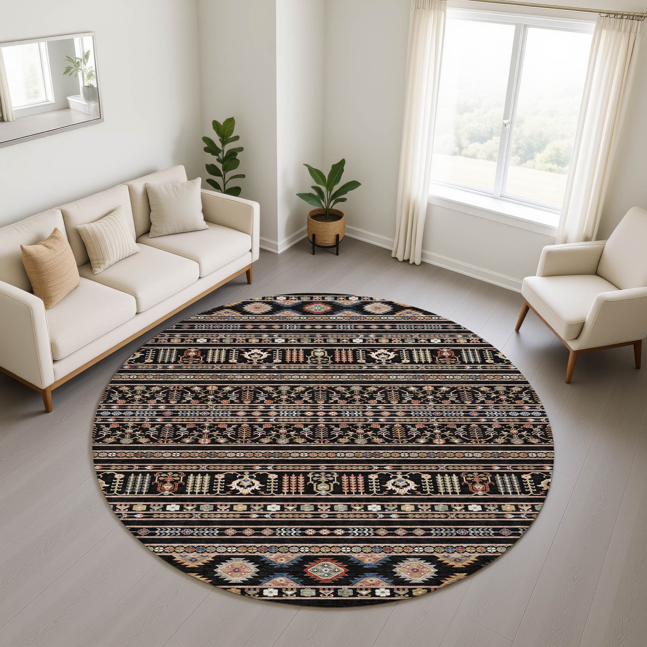 Tbilisi Machine Washable Transitional Black Rug 8' x 8' #shape_Round