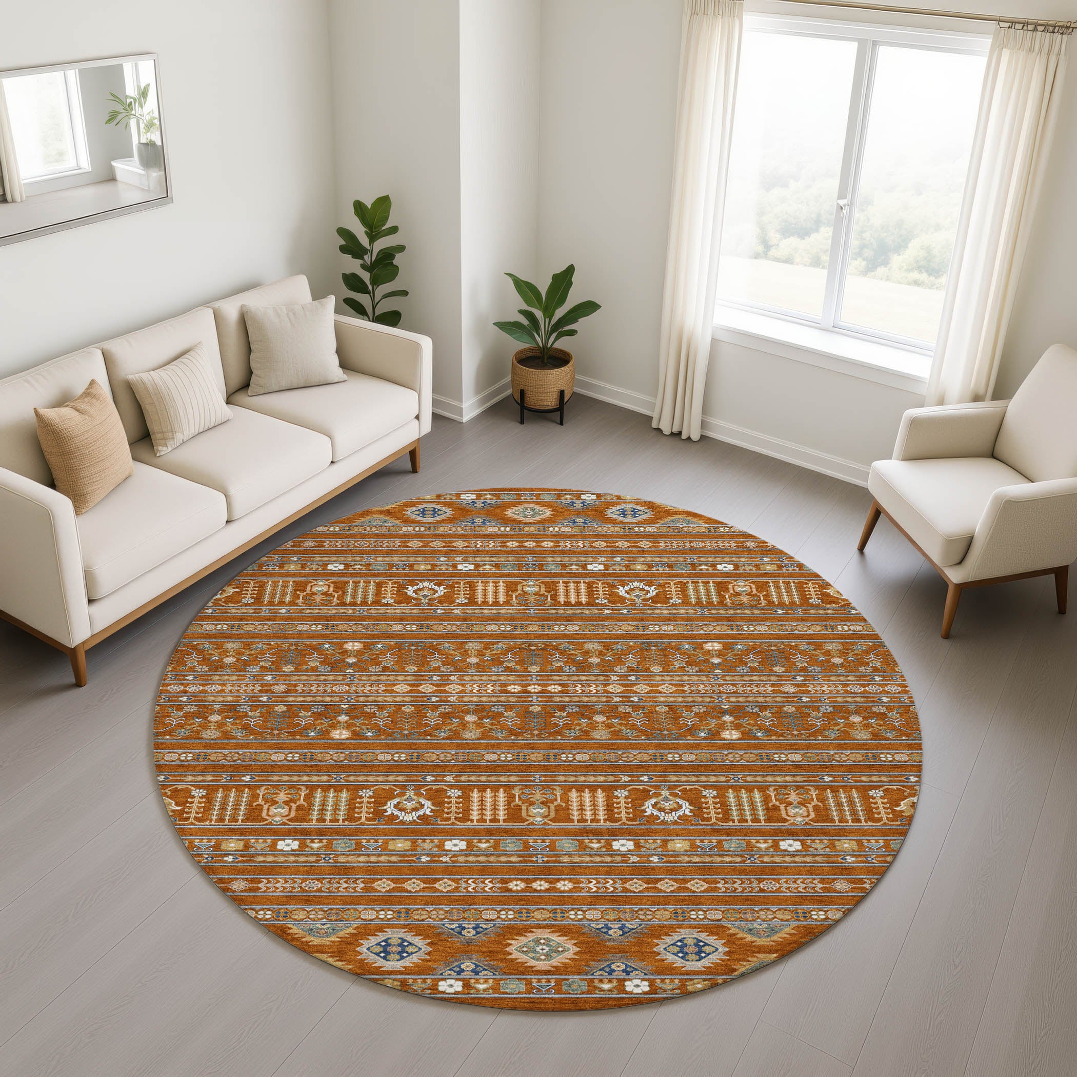 Tbilisi Machine Washable Transitional Paprika Orange Rug 8' x 8' #shape_Round