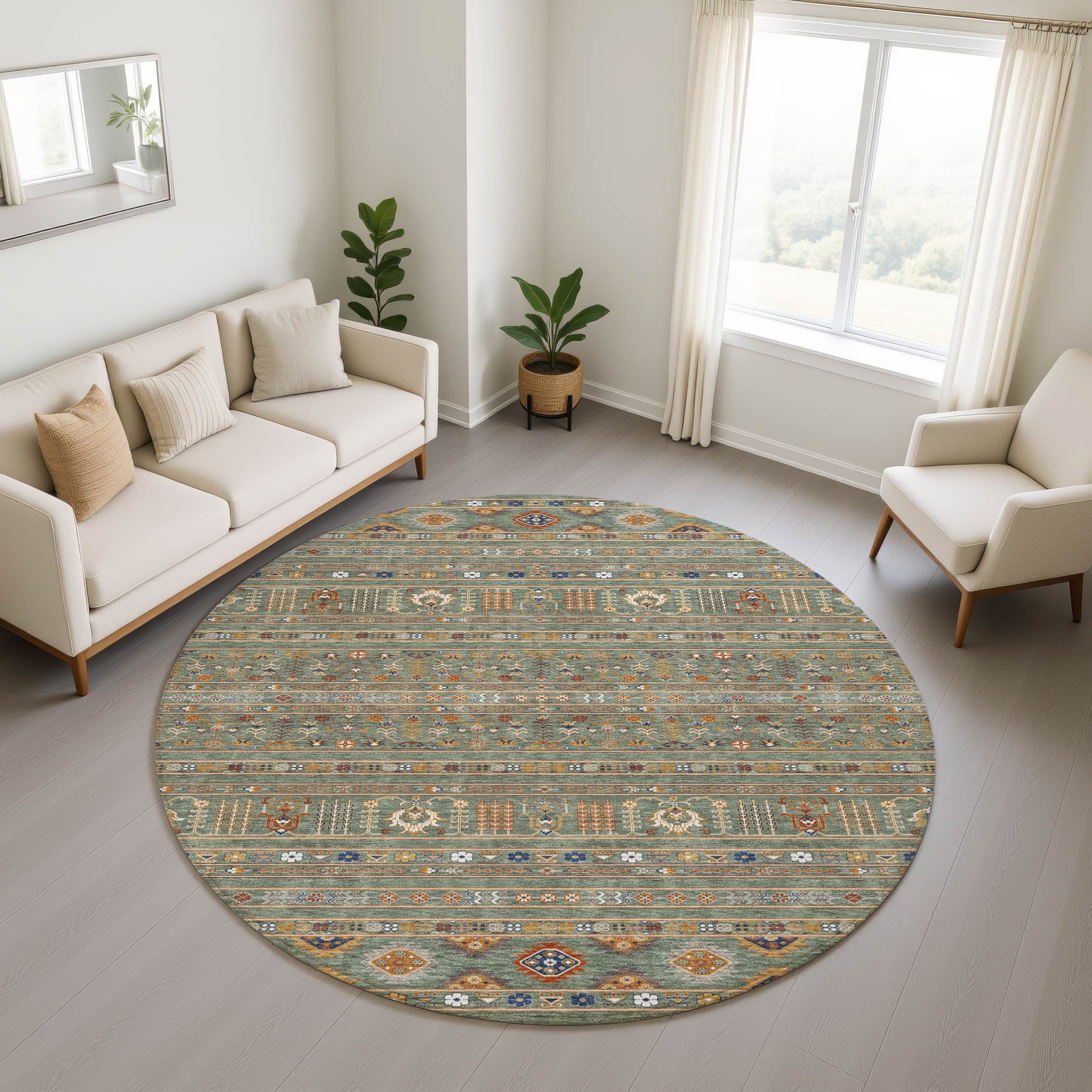 Tbilisi Machine Washable Transitional Sage Green Rug 8' x 8' #shape_Round