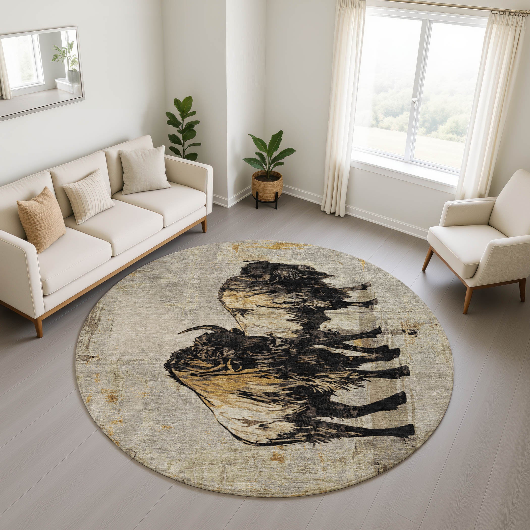 Mostar Machine Washable Transitional Khaki Brown Rug 8' x 8' #shape_Round