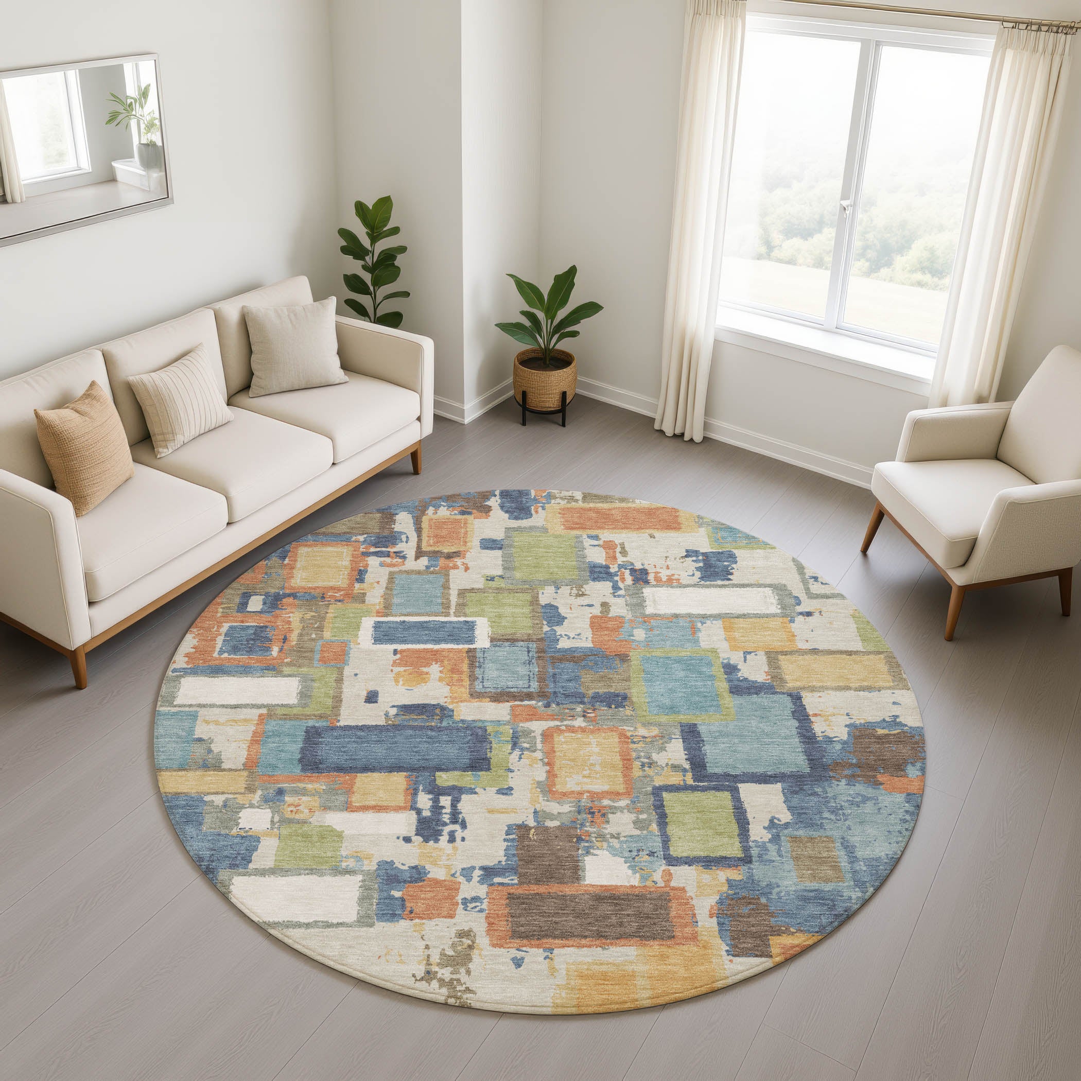 Dubrovnik Machine Washable Transitional Denim Blue Rug 8' x 8' #shape_Round