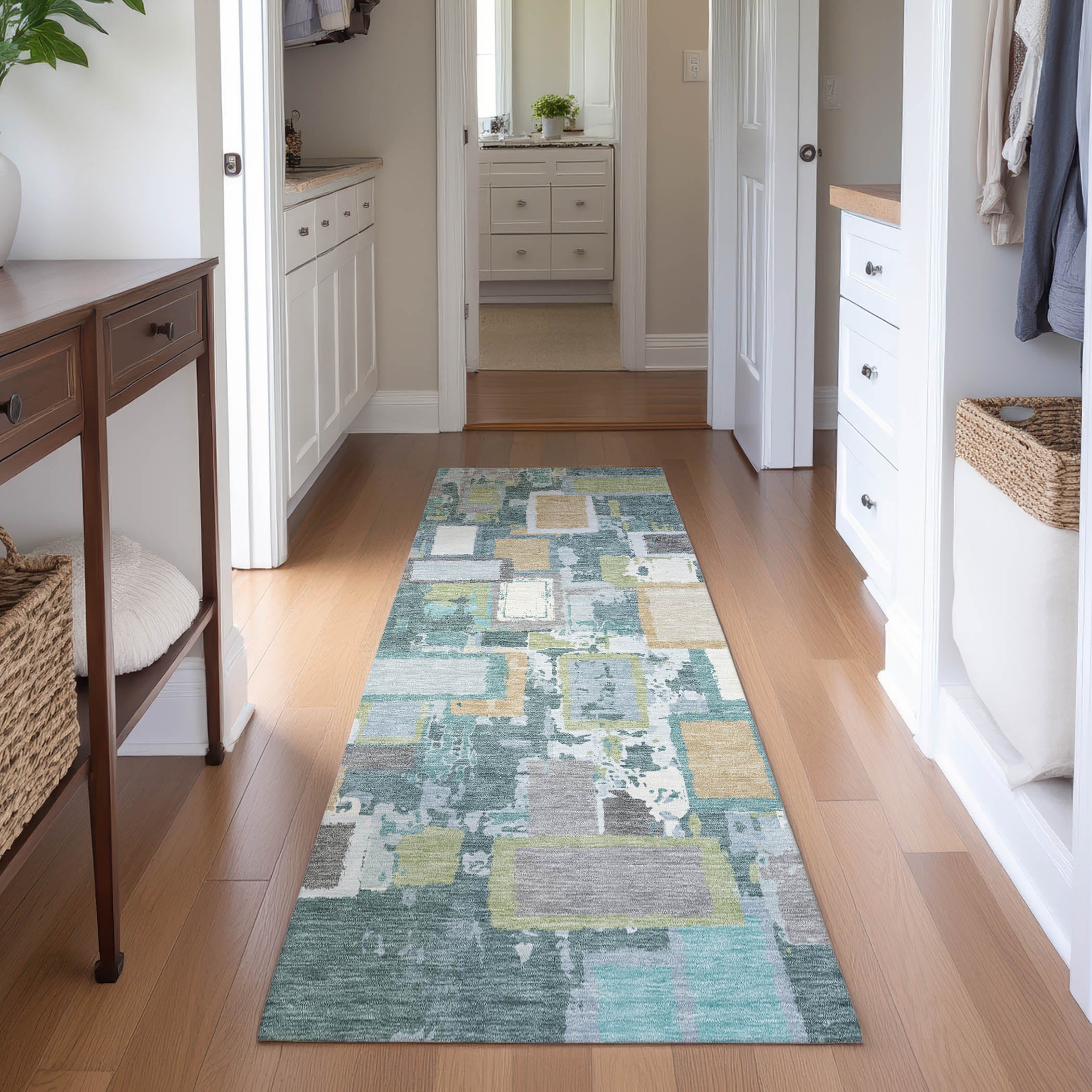 Dubrovnik Machine Washable Transitional Teal Rug 2'3" x 7'6" #shape_Runner