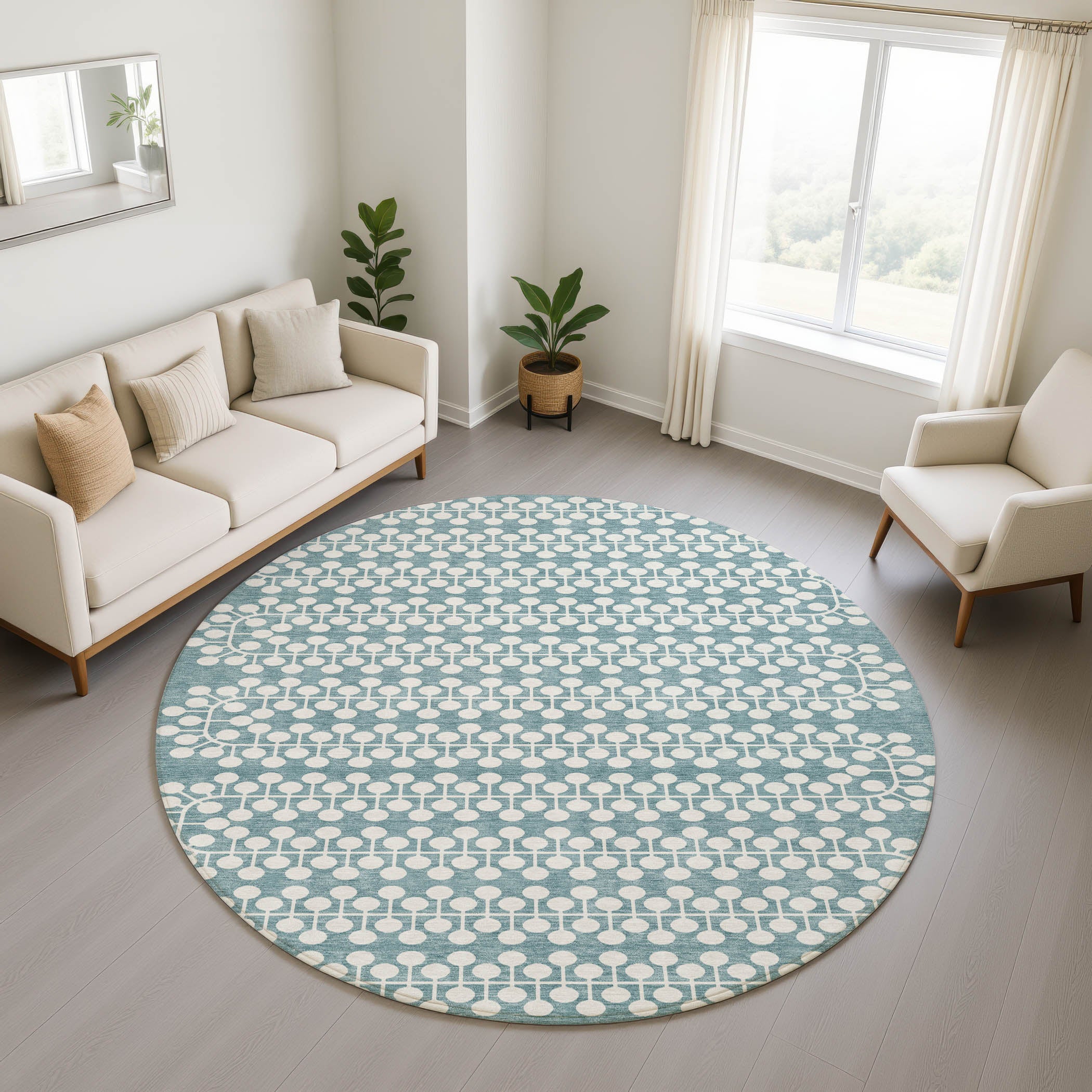 Bergen Machine Washable Transitional Teal Rug 8' x 8' #shape_Round
