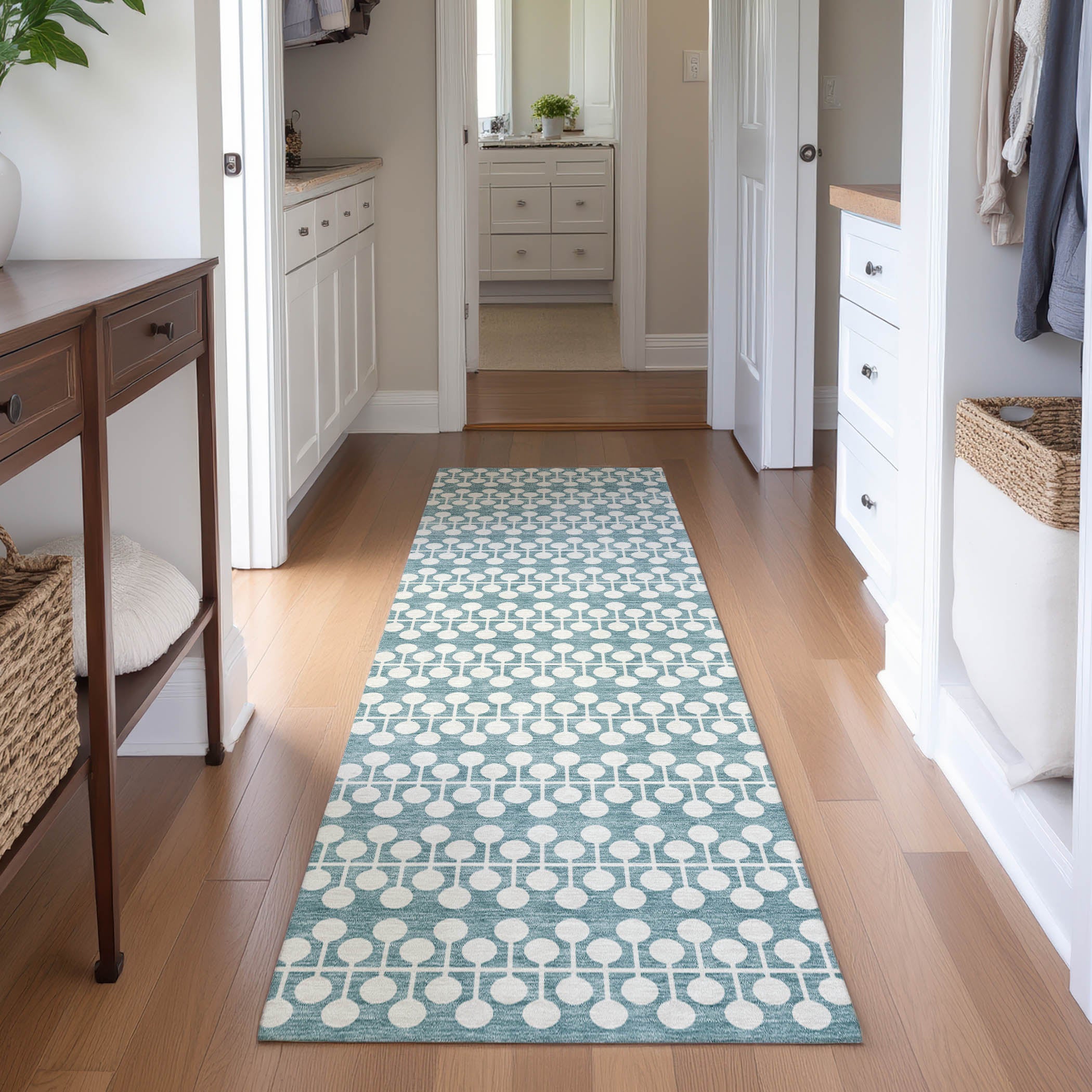 Bergen Machine Washable Transitional Teal Rug 2'3" x 7'6" #shape_Runner
