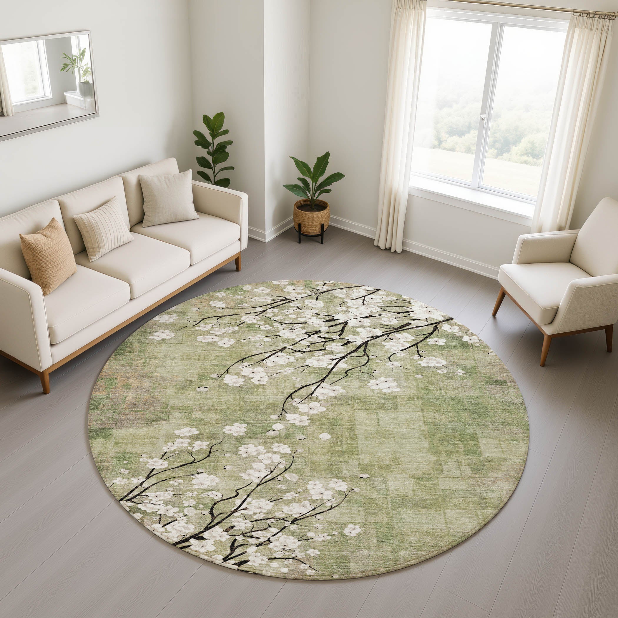 Bogota Machine Washable Transitional Aloe Green Rug 8' x 8' #shape_Round