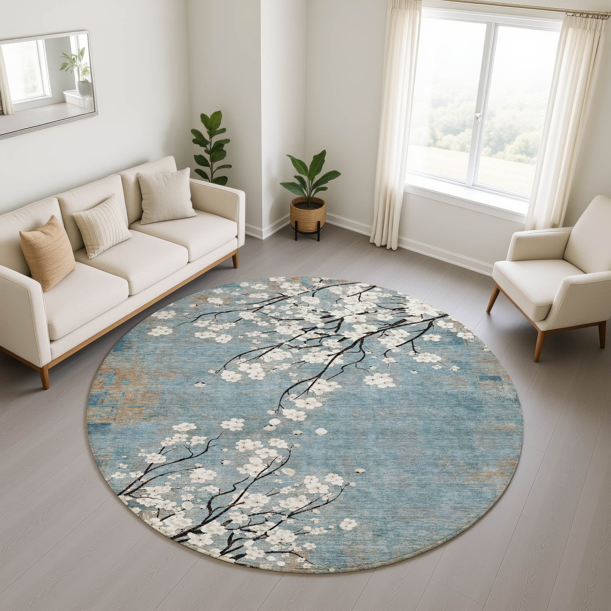 Bogota Machine Washable Transitional Denim Blue Rug 8' x 8' #shape_Round
