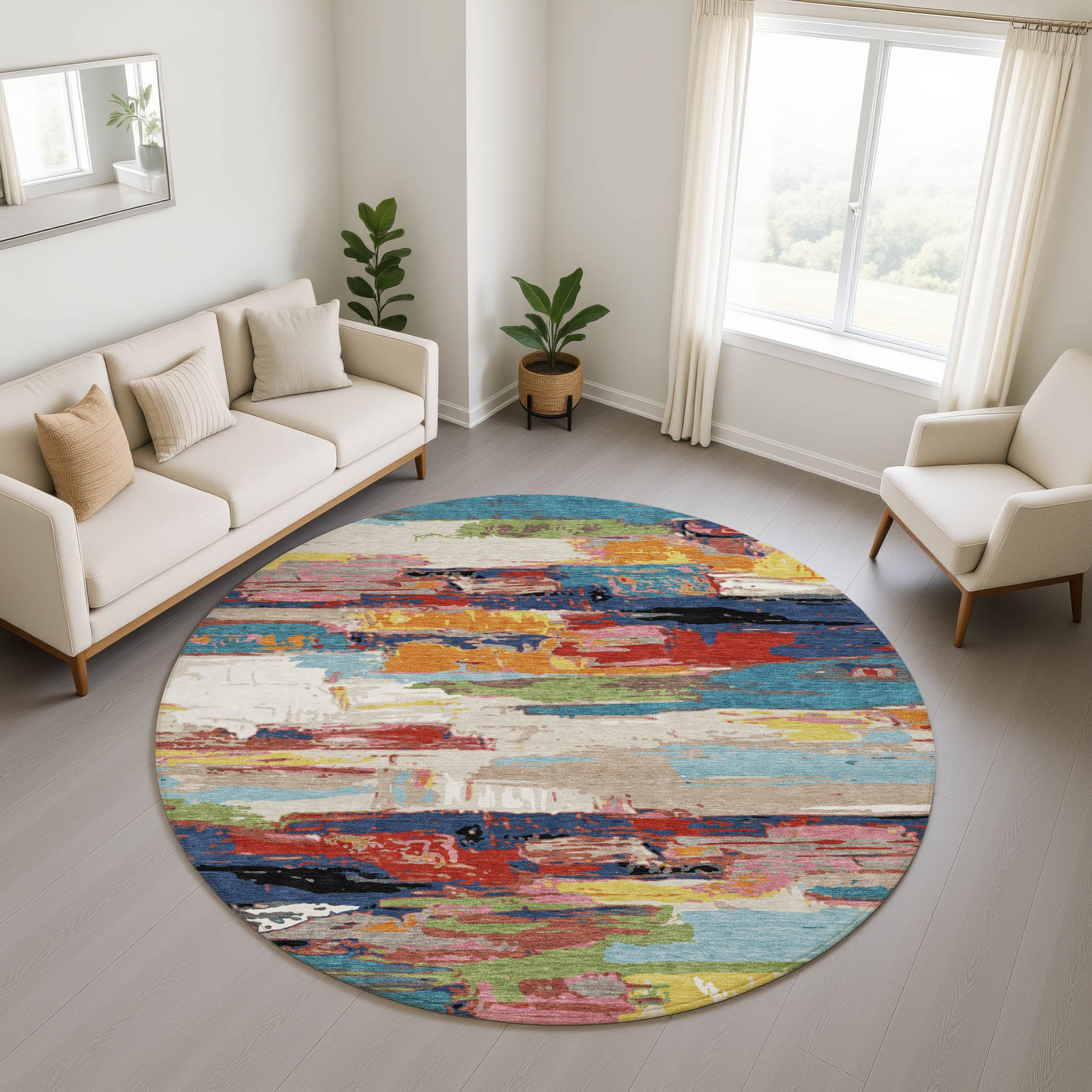 Cusco Machine Washable Transitional Denim Blue Rug 8' x 8' #shape_Round