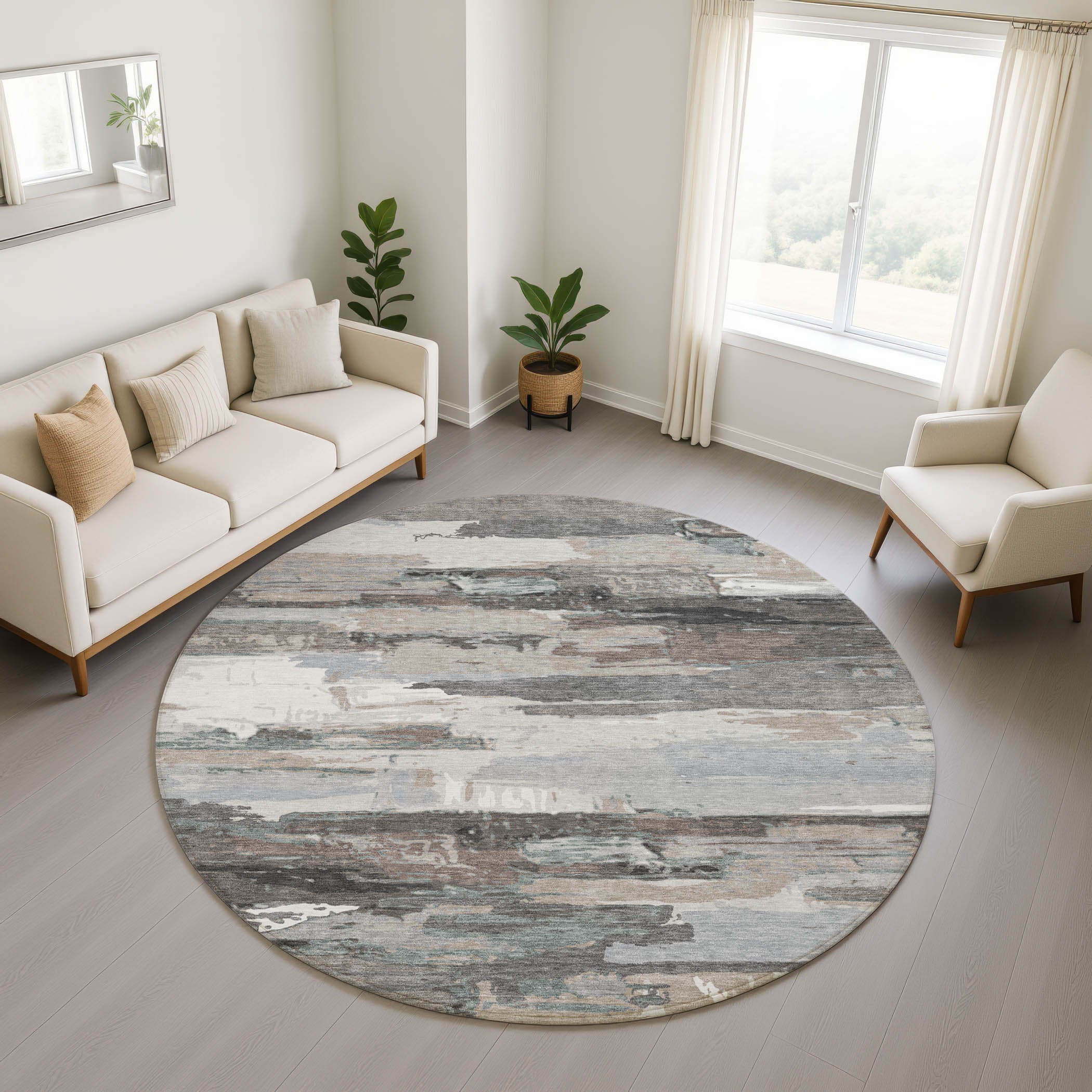 Cusco Machine Washable Transitional Taupe Brown Rug 8' x 8' #shape_Round
