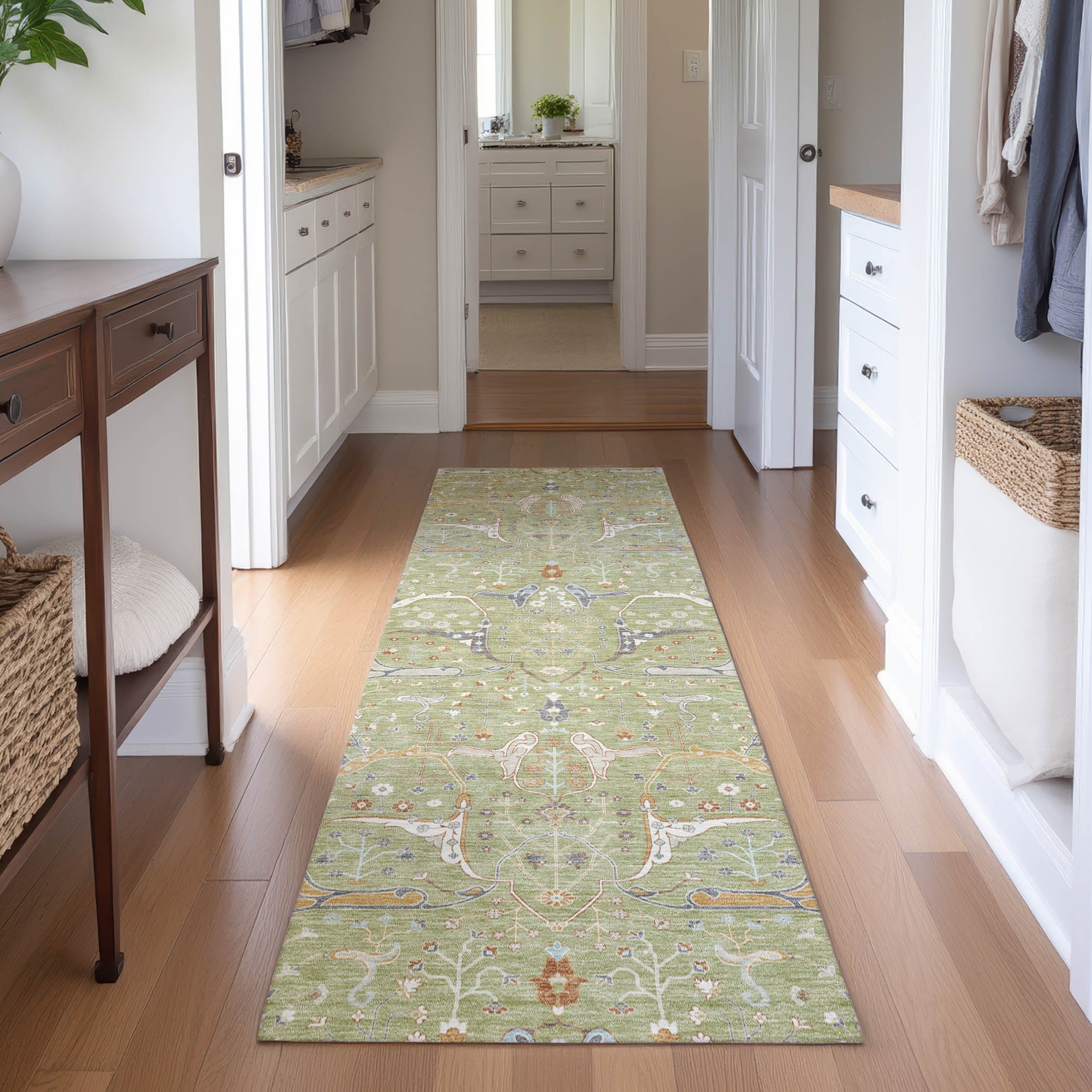 Porto Machine Washable Traditional Aloe Green Rug 2'3" x 7'6" #shape_Runner