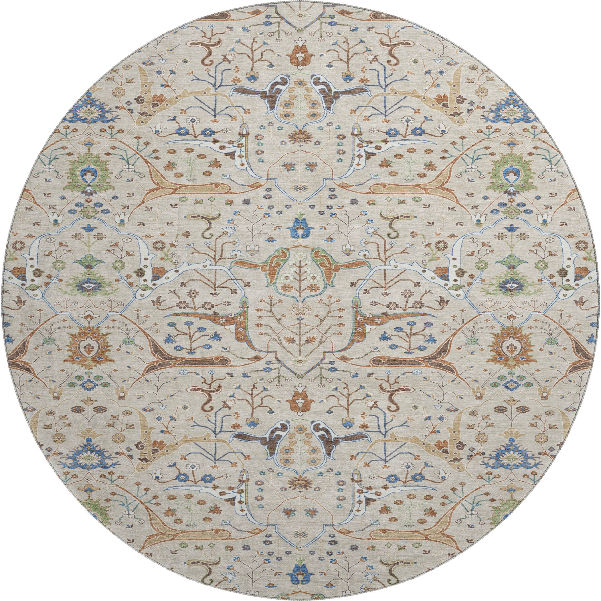 Porto Machine Washable Traditional Beige Brown Rug 8' x 8' #shape_Round