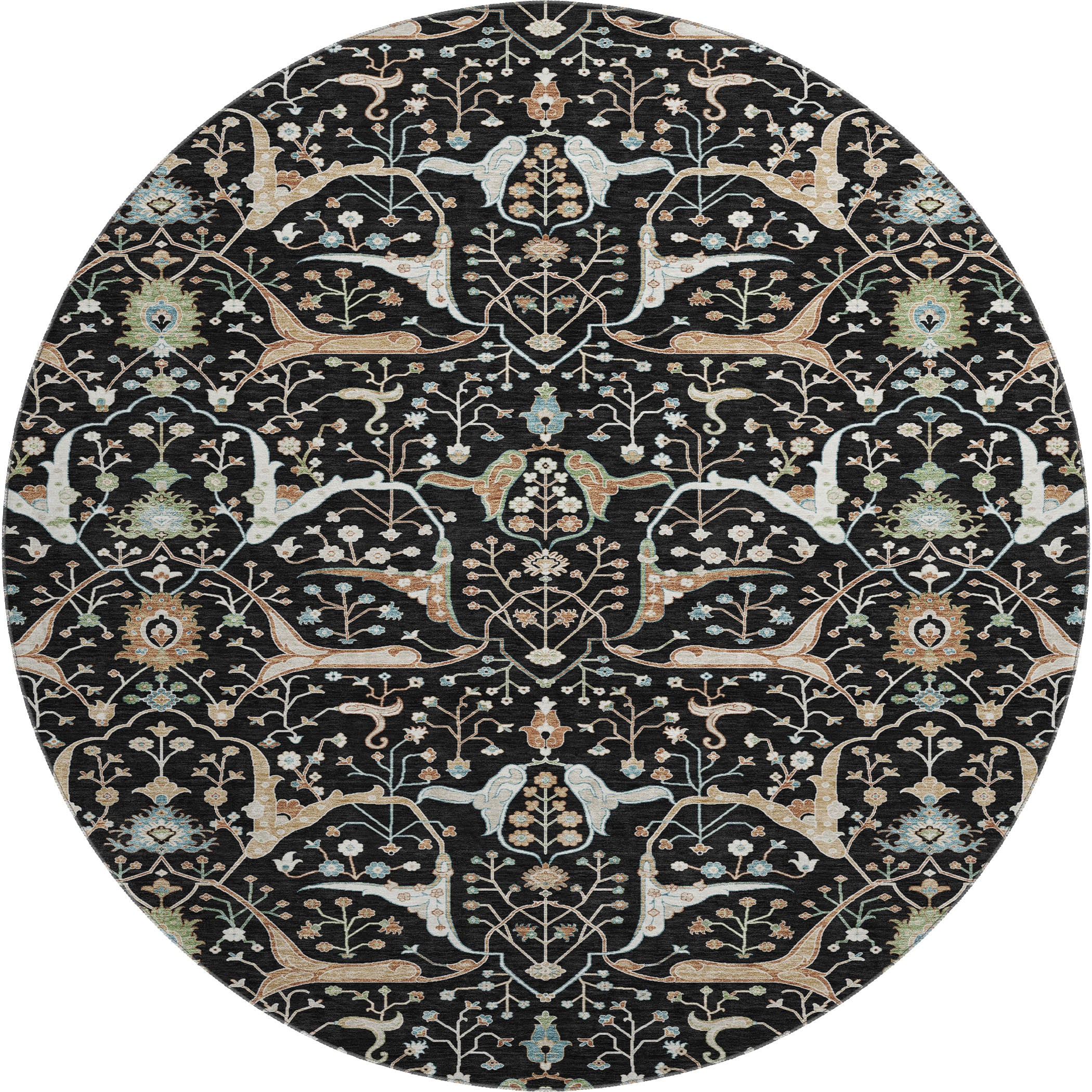 Porto Machine Washable Traditional Black Rug 8' x 8' #shape_Round