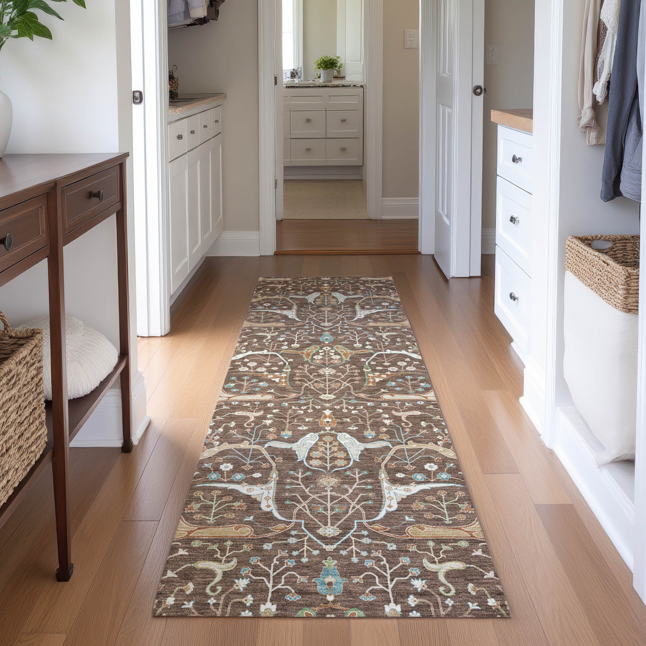 Porto Machine Washable Traditional Brown Rug 2'3" x 7'6" #shape_Runner