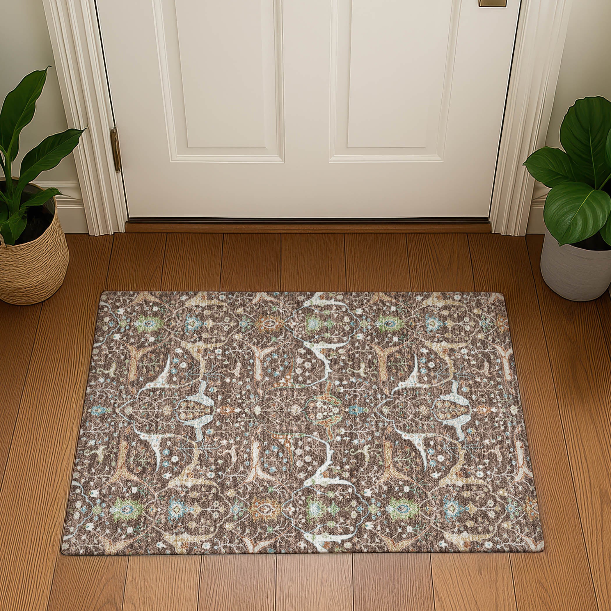 Porto Machine Washable Traditional Brown Rug 1'8" x 2'6" #shape_Rectangle
