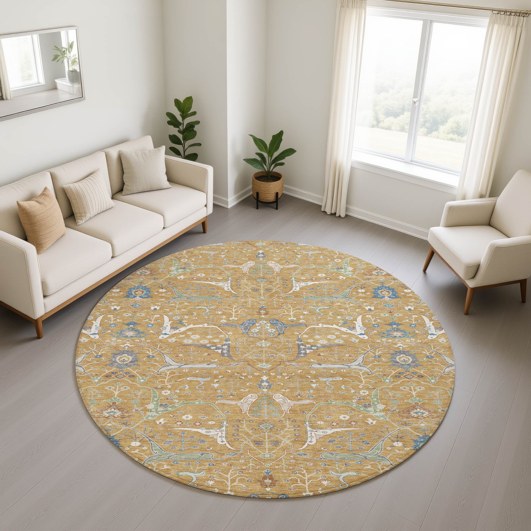 Porto Machine Washable Traditional Gold Rug 8' x 8' #shape_Round